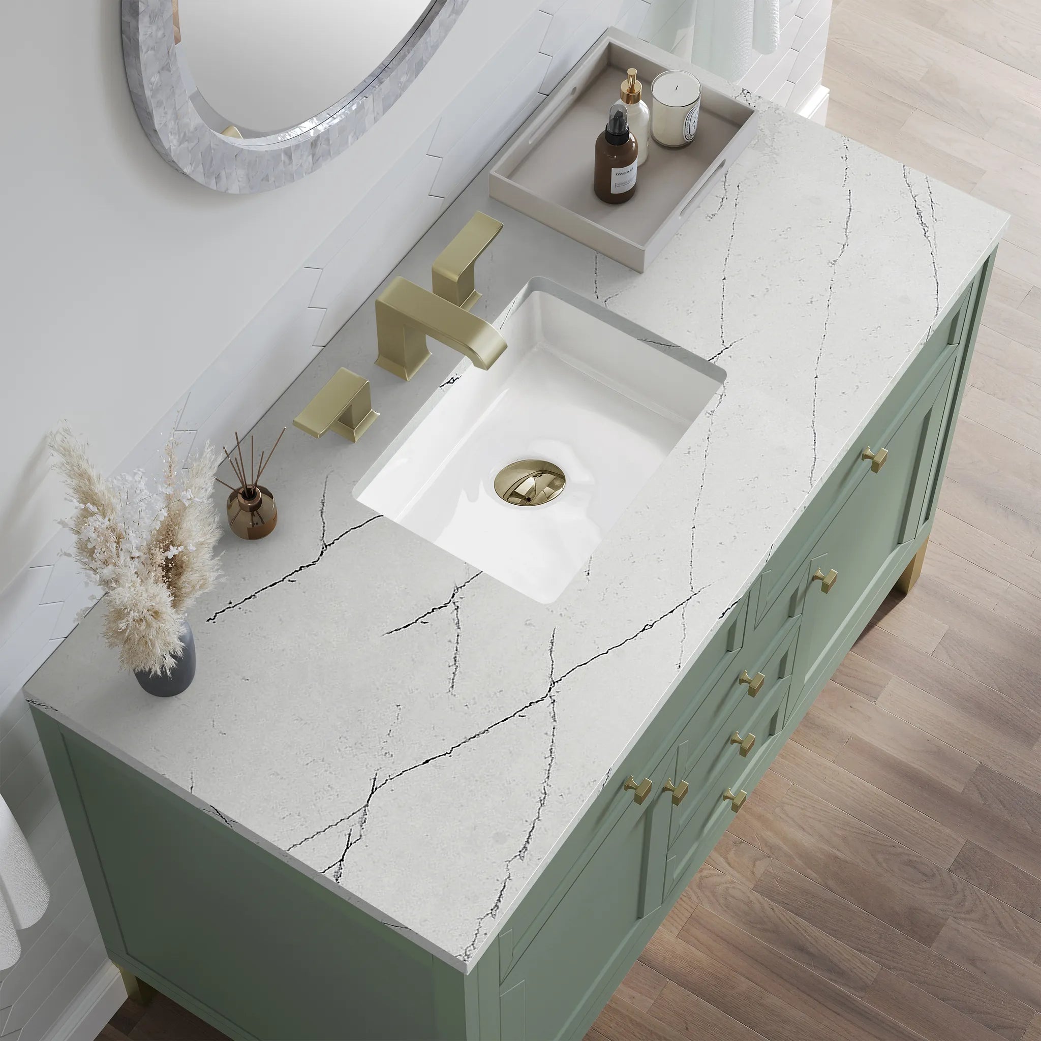 48" Chicago Single Vanity in Smokey Celadon w/FreePower Wireless Charger-Ethereal Noctis Silestone-8" Widespread image 10