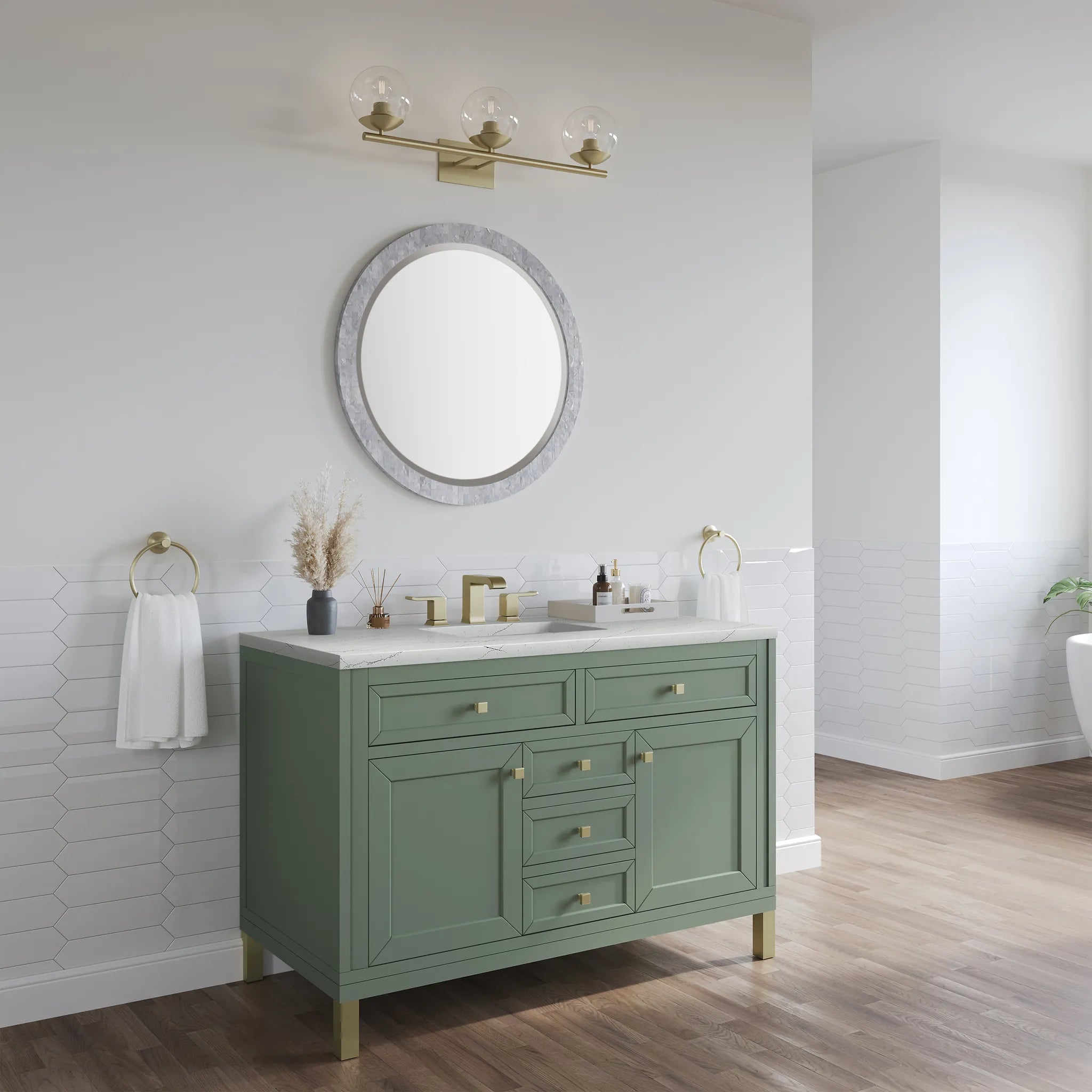 48" Chicago Single Vanity in Smokey Celadon w/FreePower Wireless Charger-Ethereal Noctis Silestone-8" Widespread image 7