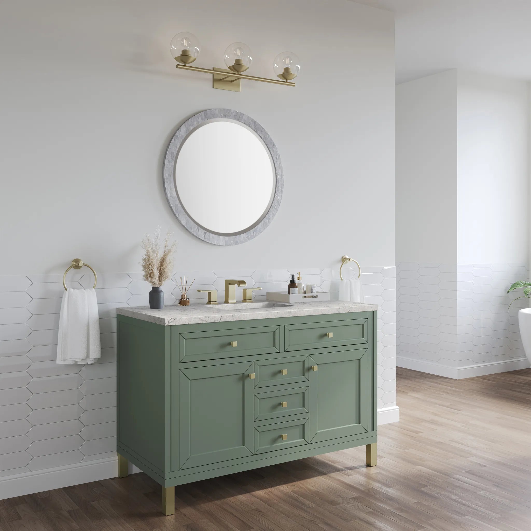48" Chicago Single Vanity in Smokey Celadon Wireless Charger-Eternal Jasmine Pearl Silestone-8" Widespread image 7