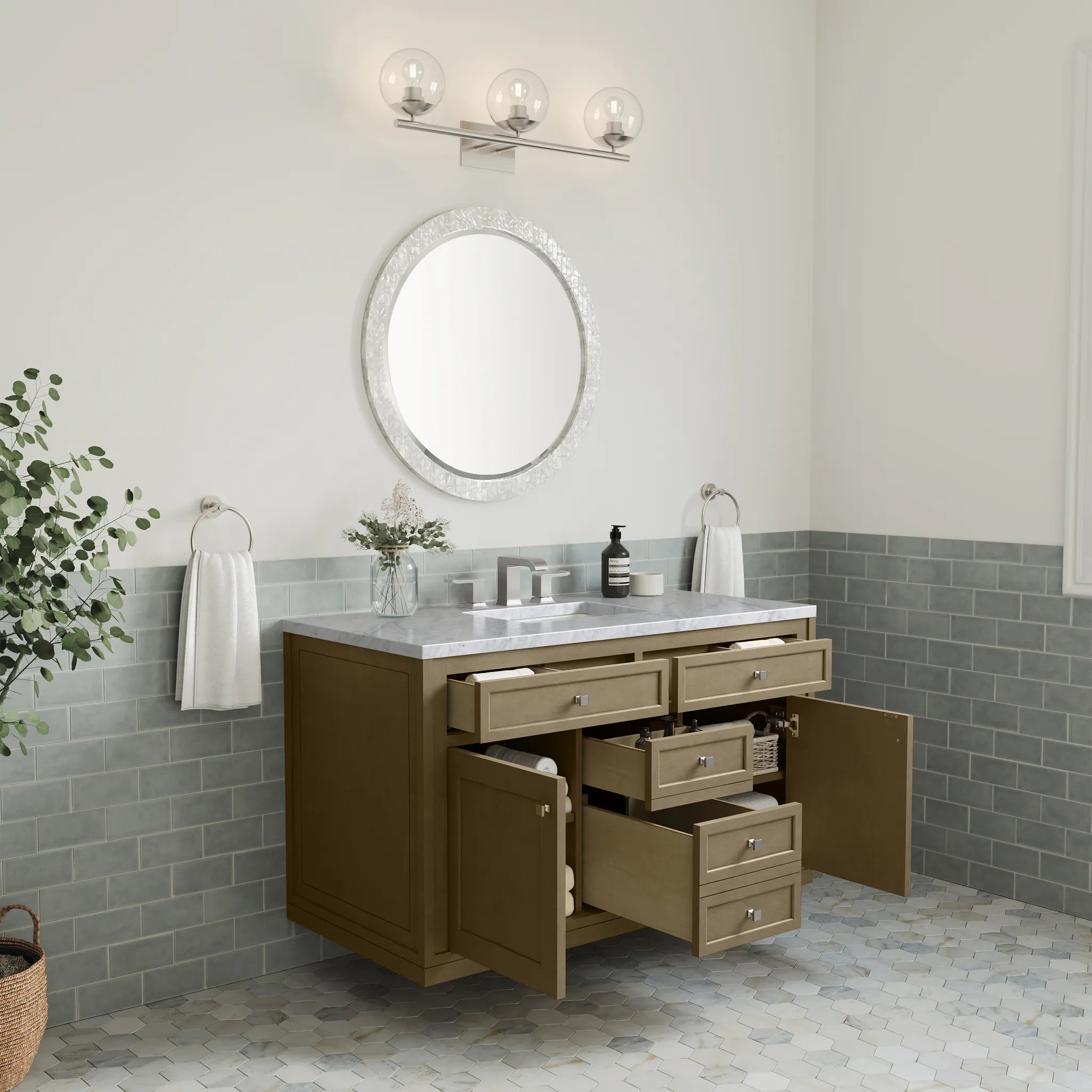 48" Chicago Single Vanity in Walnut Whisper-Carrara White Marble-8" Widespread image 11