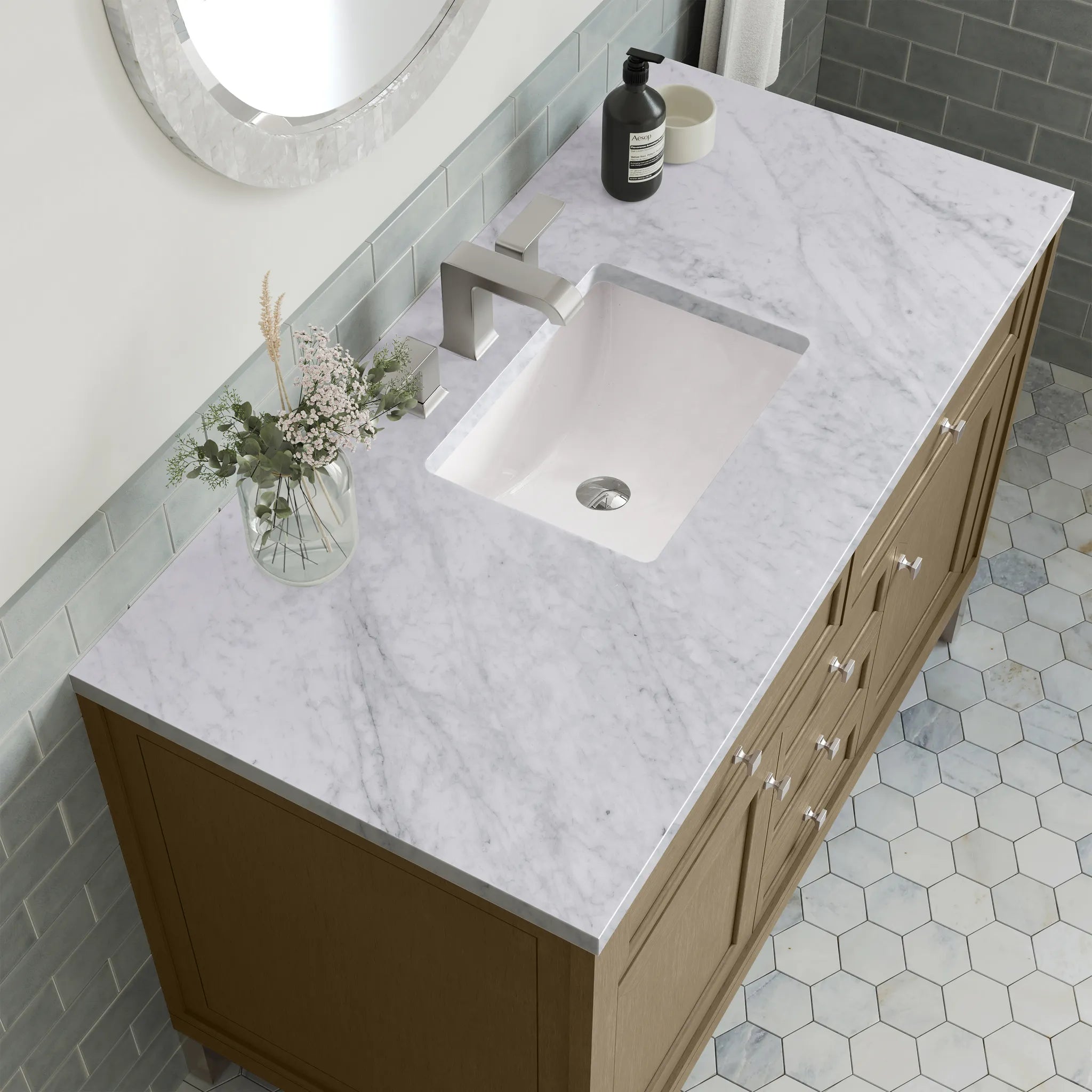 48" Chicago Single Vanity in Walnut Whisper-Carrara White Marble-8" Widespread image 13