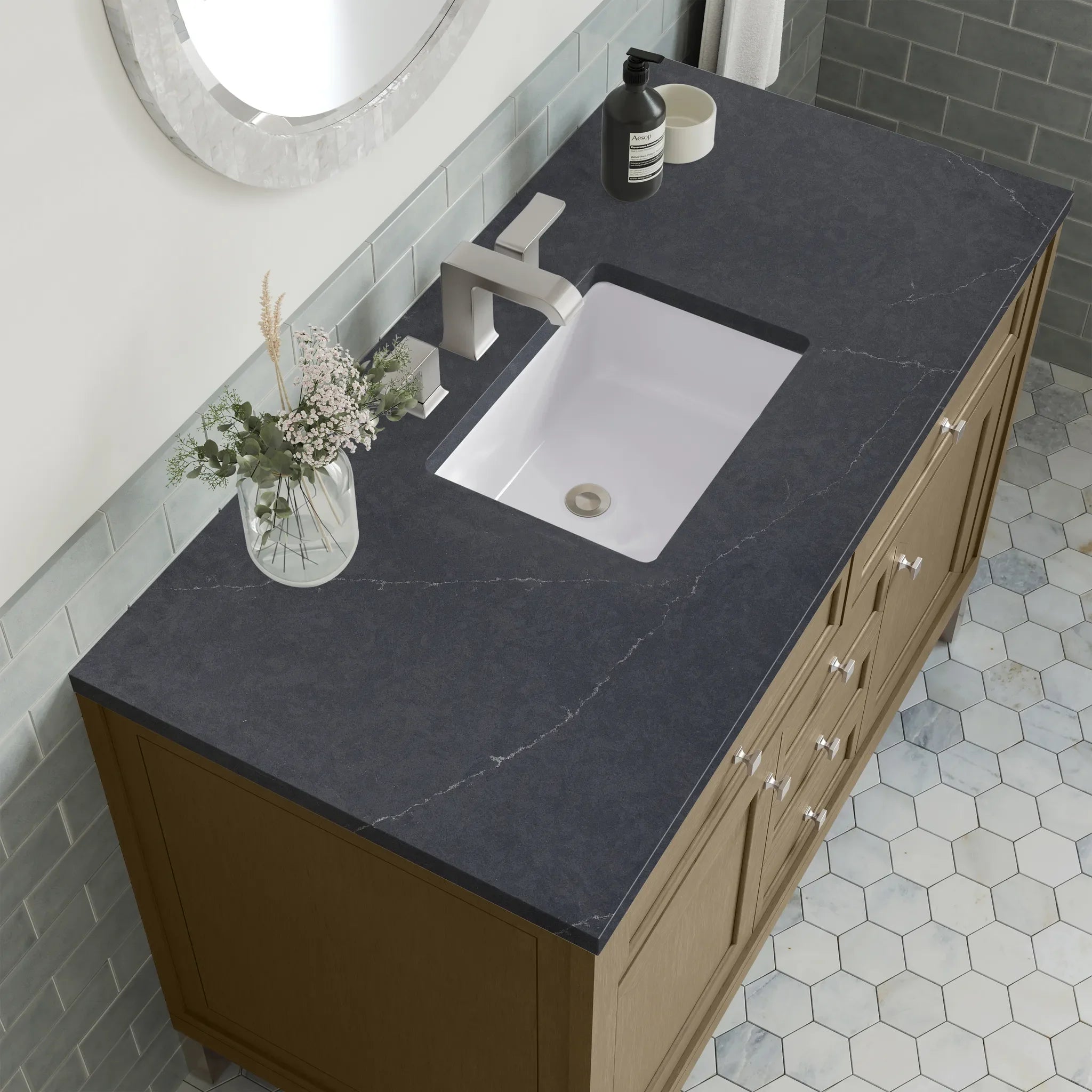 48" Chicago Single Vanity in Walnut Whisper-Charcoal Soapstone Silestone-8" Widespread image 13