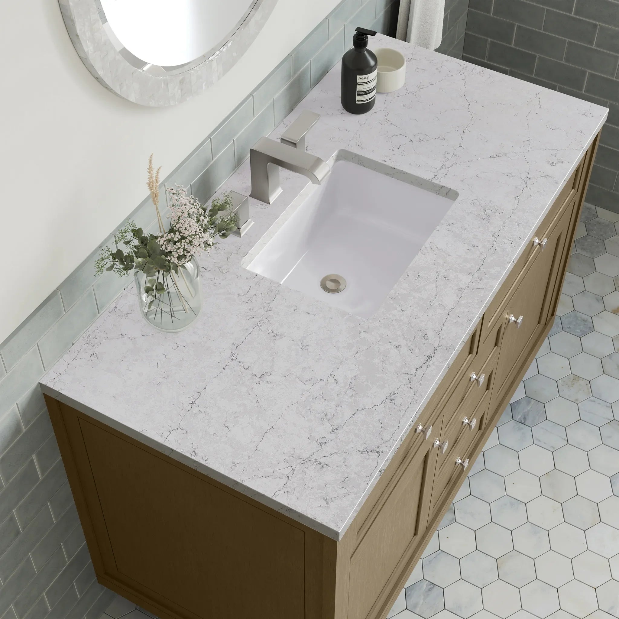 48" Chicago Single Vanity in Walnut Whisper-Eternal Jasmine Pearl Silestone-8" Widespread image 14