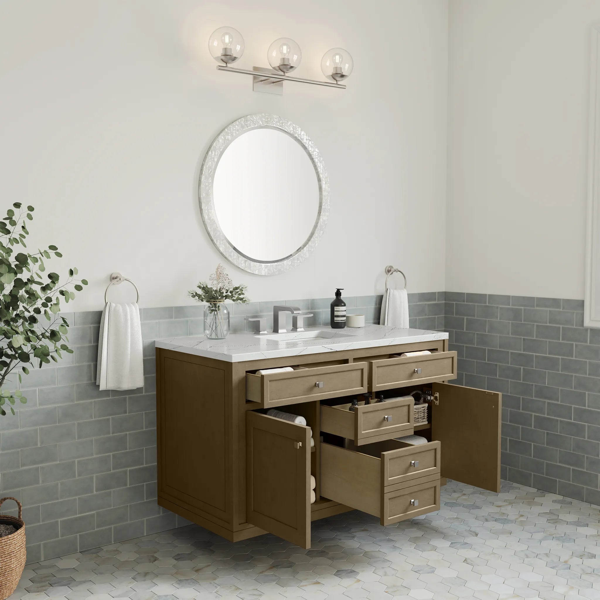 48" Chicago Single Vanity in Walnut Whisper-Ethereal Noctis Silestone-8" Widespread image 11