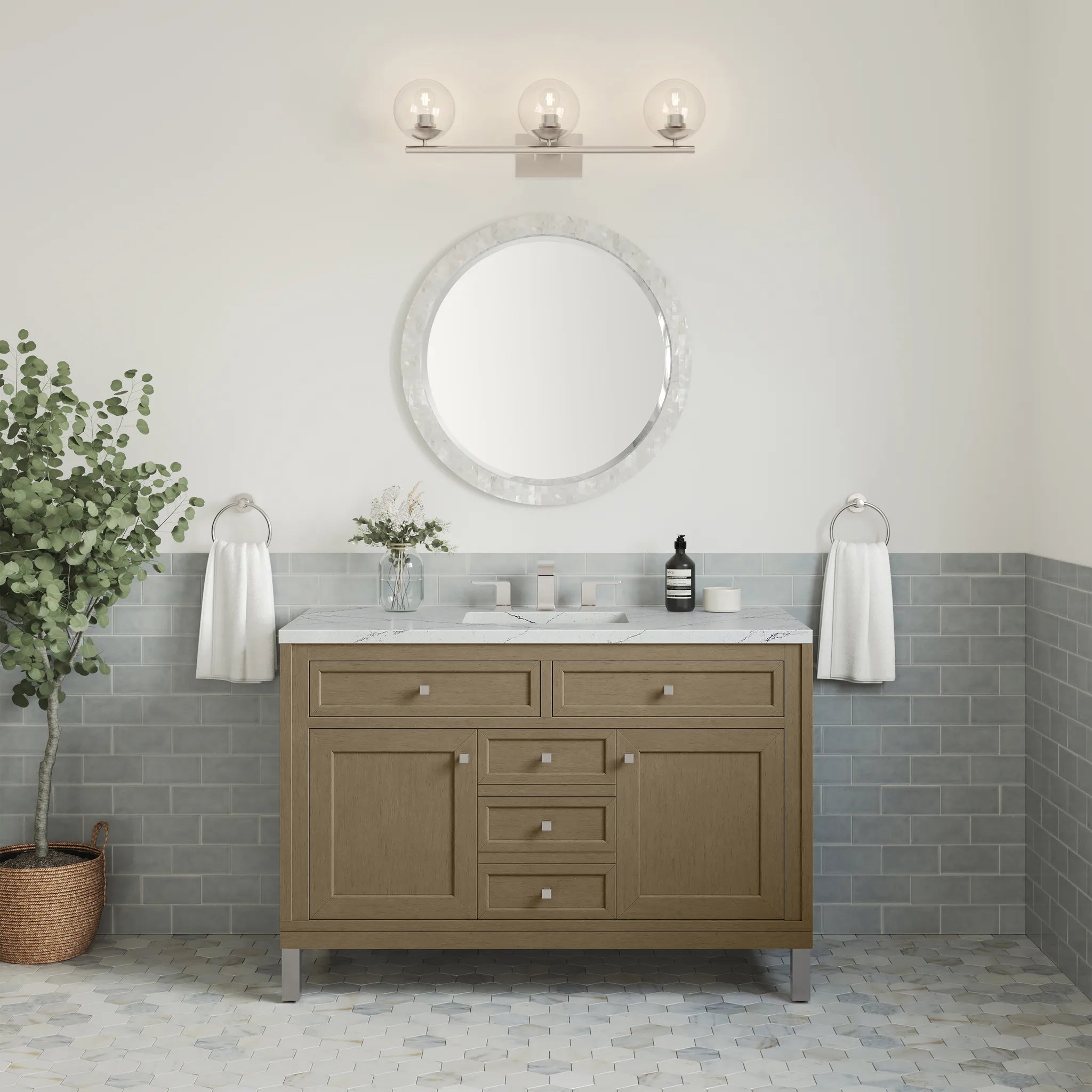 48" Chicago Single Vanity in Walnut Whisper-Ethereal Noctis Silestone-8" Widespread image 6