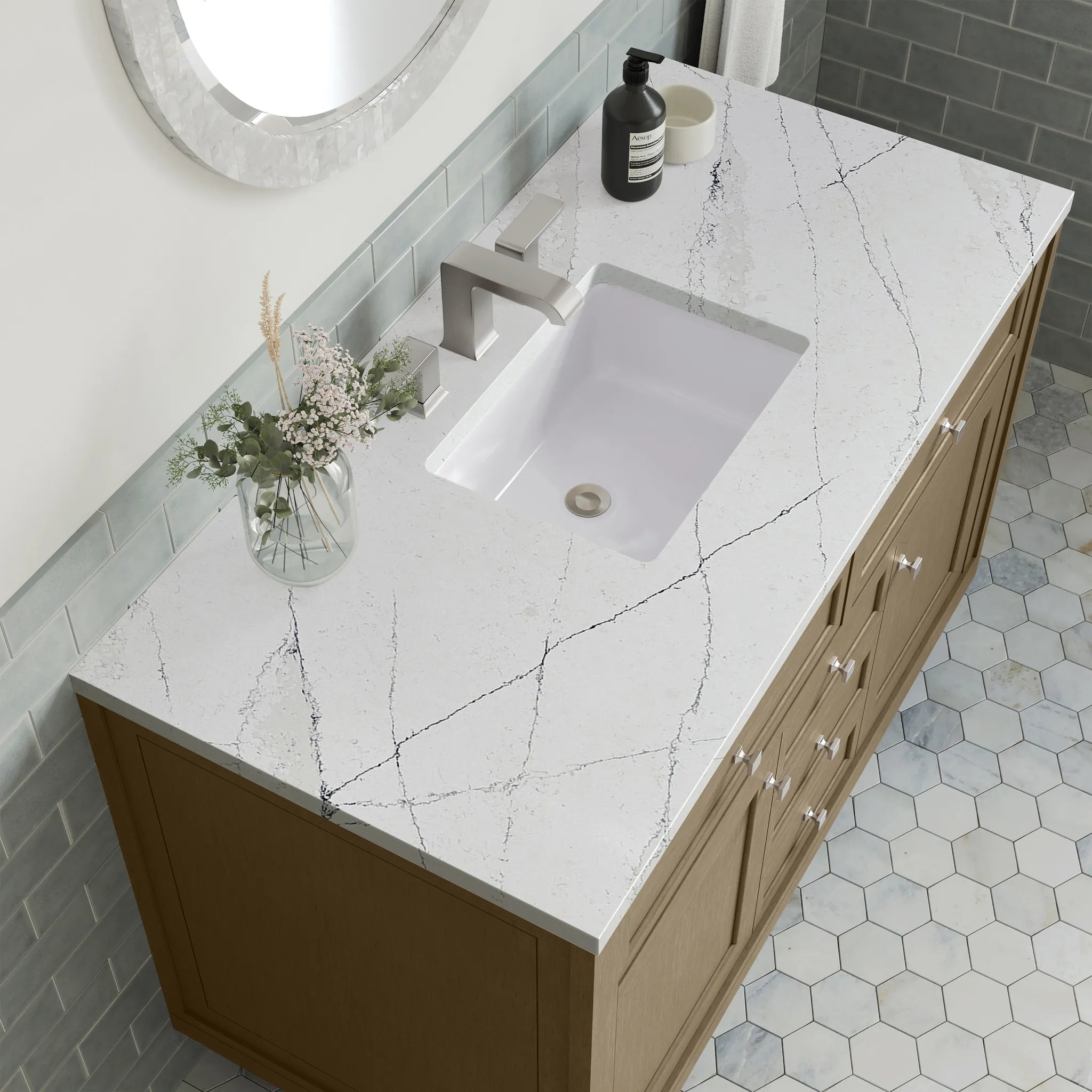 48" Chicago Single Vanity in Walnut Whisper w/FreePower Wireless Charger-Ethereal Noctis Silestone-8" Widespread image 17