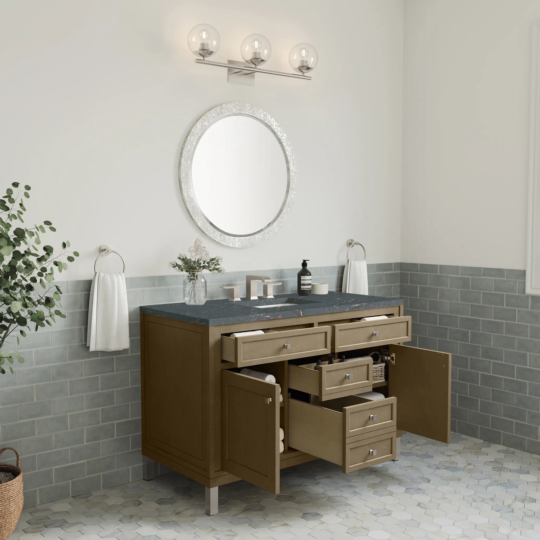 48" Chicago Single Vanity in Walnut Whisper w/FreePower Wireless Charger-Parisien Bleu Silestone-8" Widespread image 8
