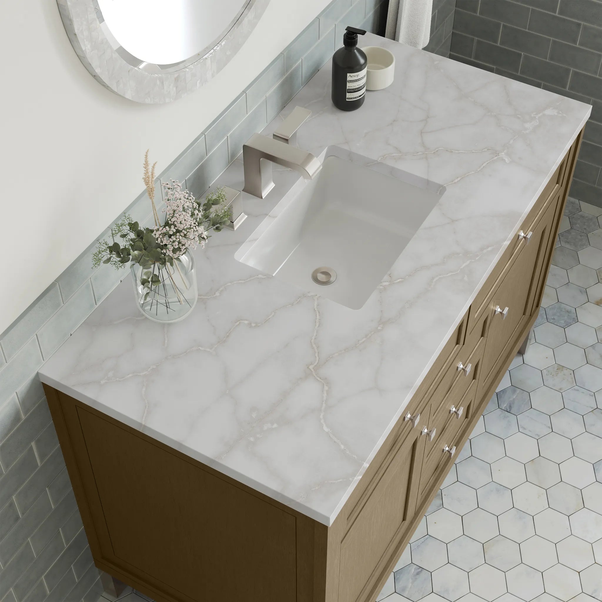 48" Chicago Single Vanity in Walnut Whisper w/FreePower Wireless Charger-Victorian Silver Silestone-8" Widespread image 10