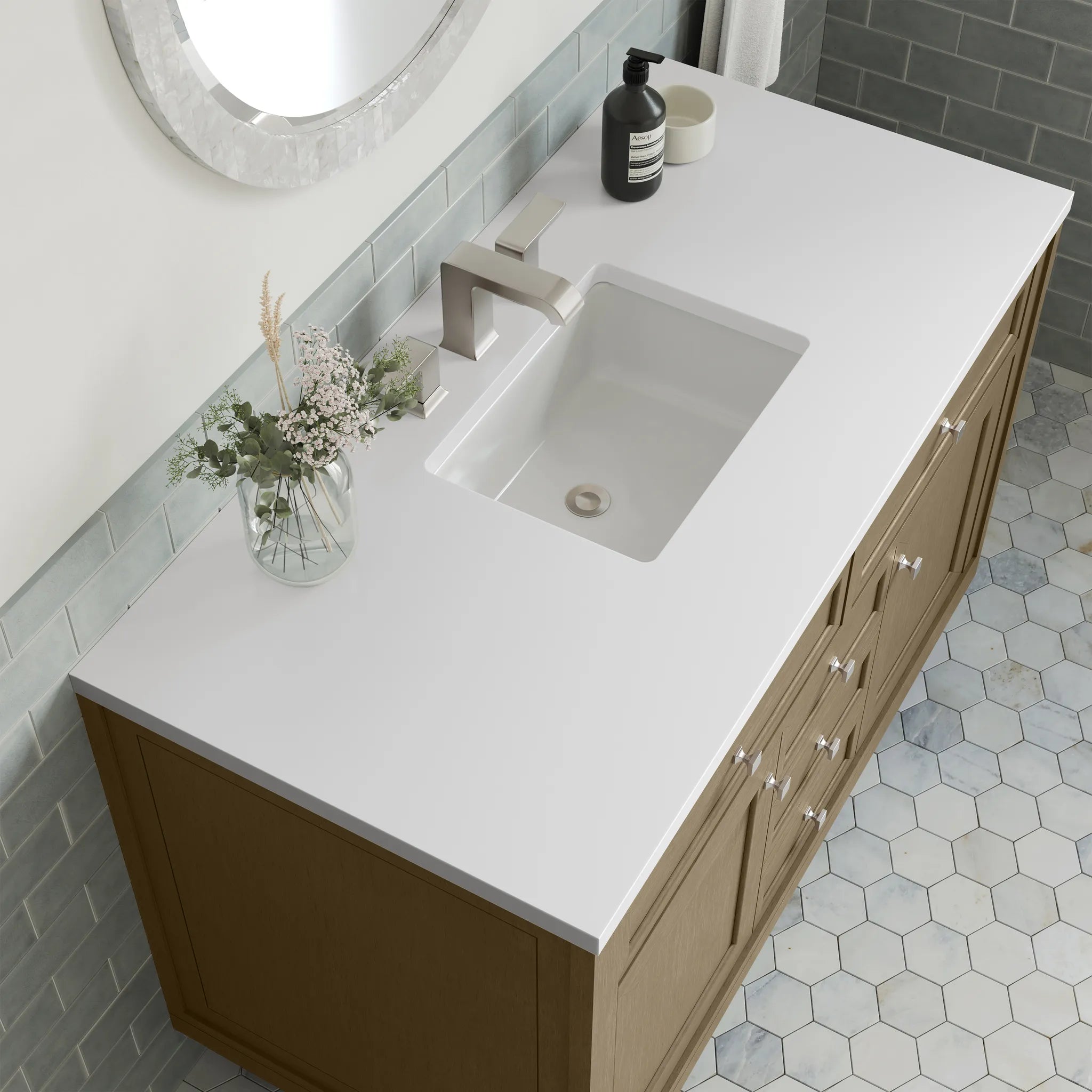 48" Chicago Single Vanity in Walnut Whisper-White Zeus Silestone-8" Widespread image 14