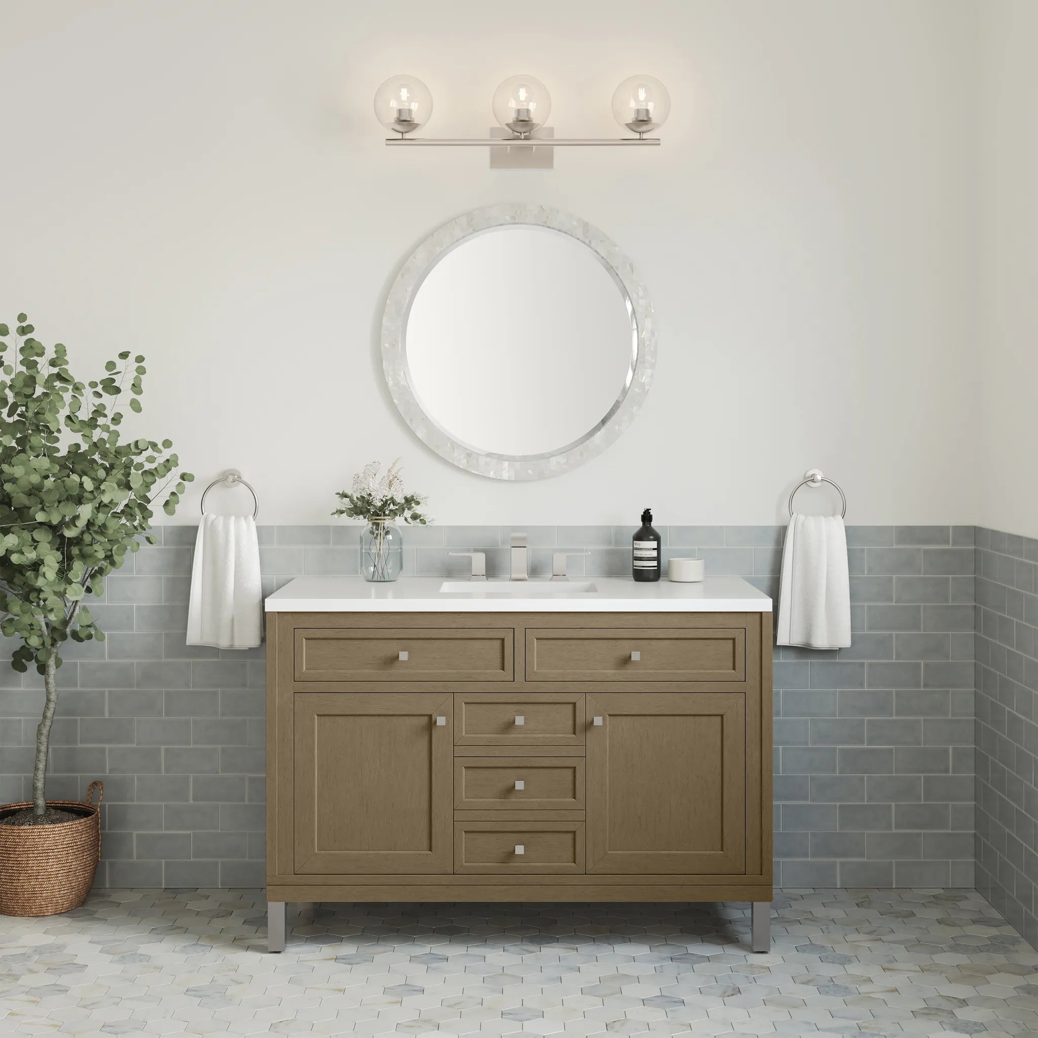 48" Chicago Single Vanity in Walnut Whisper-White Zeus Silestone-8" Widespread image 6