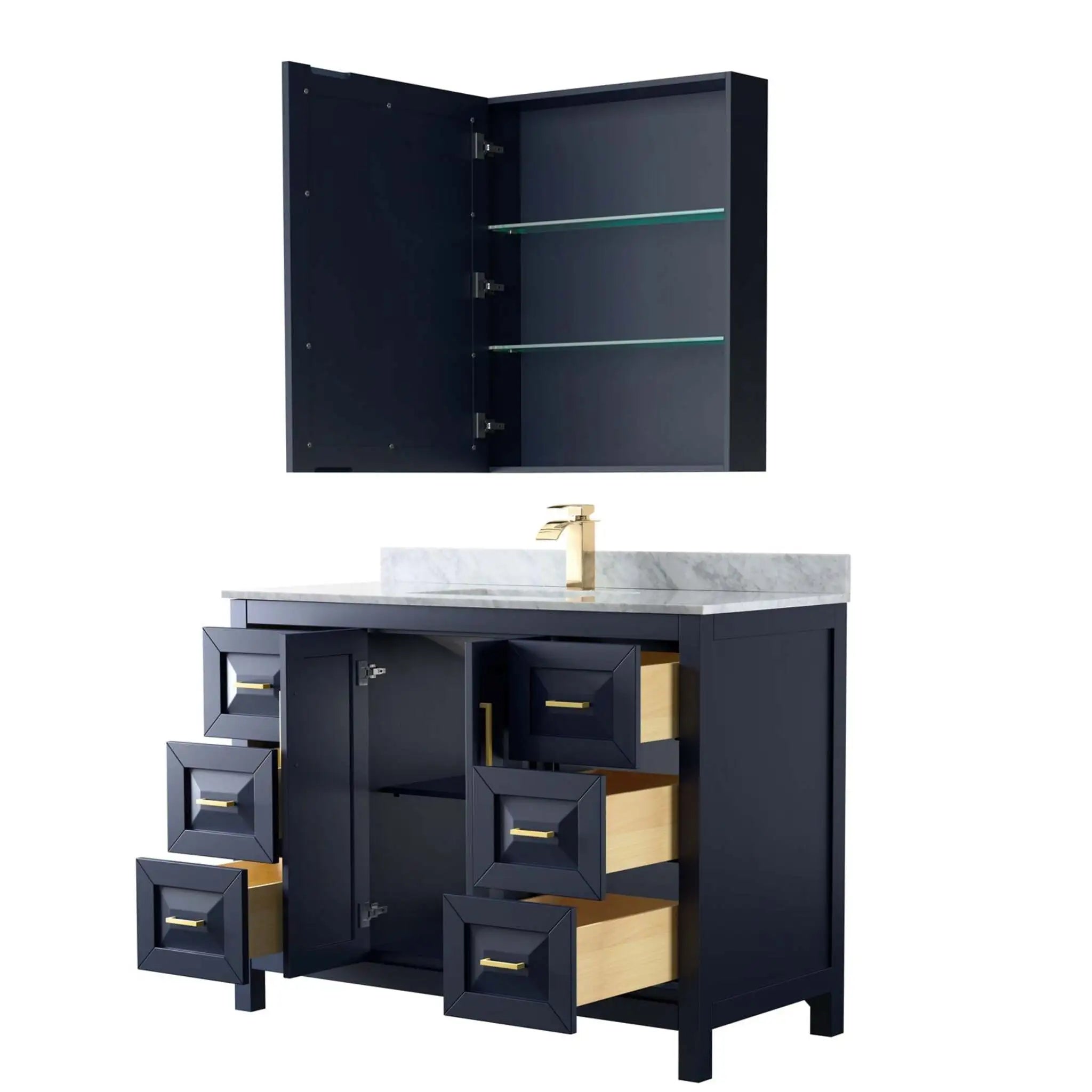 48" Daria Single Bathroom Vanity in Dark Blue with Brushed Gold Trim & Medicine Cabinet by Wyndham