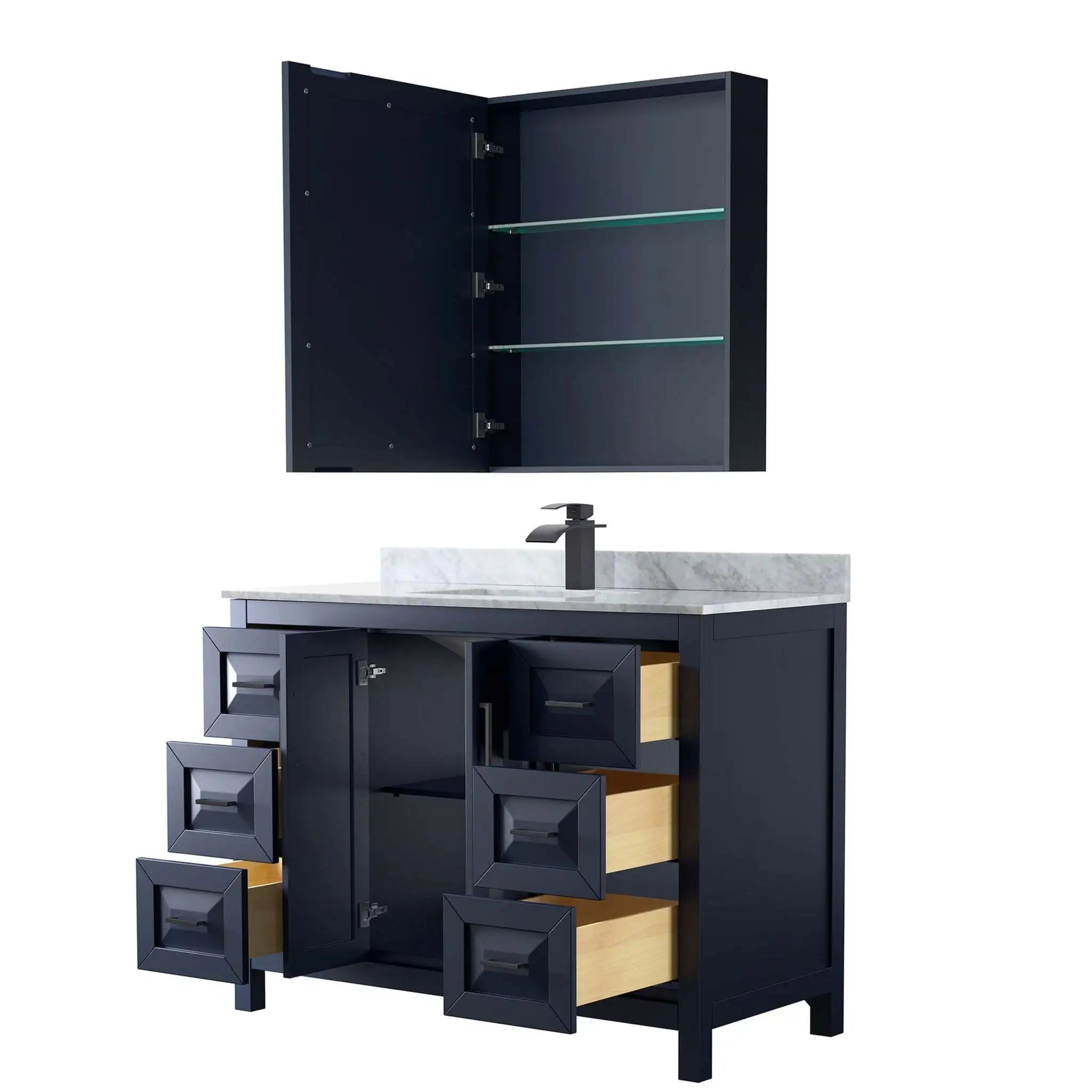 48" Daria Single Bathroom Vanity in Dark Blue with Matte Black Trim & Medicine Cabinet by Wyndham