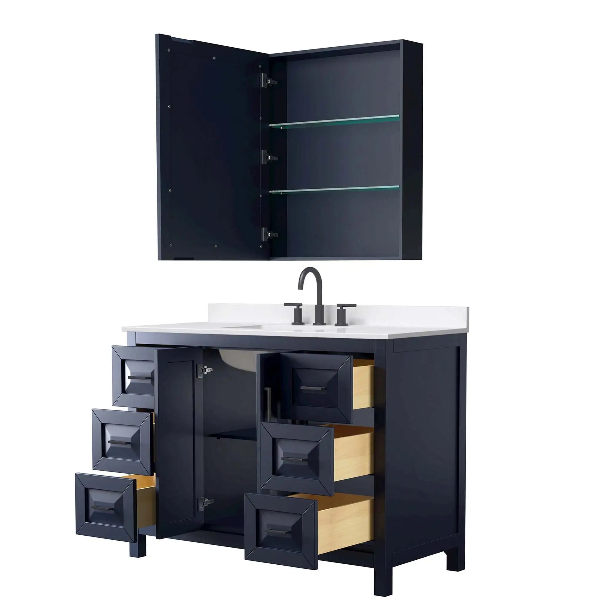 48" Daria Single Bathroom Vanity in Dark Blue with Matte Black Trim & Medicine Cabinet by Wyndham