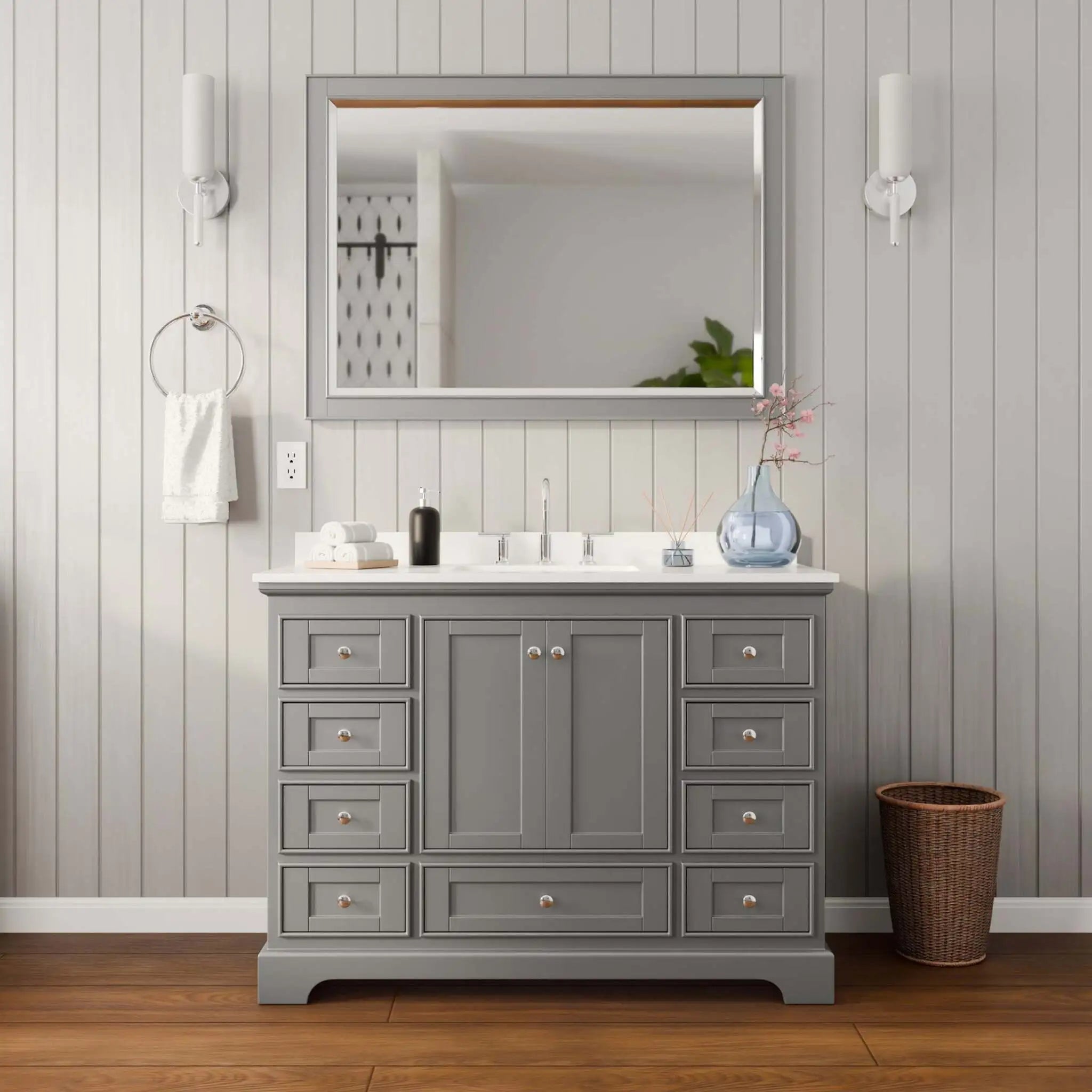 48" Deborah Single Bathroom Vanity in Dark Gray with Polished Chrome Trim & 46" Mirror by Wyndham