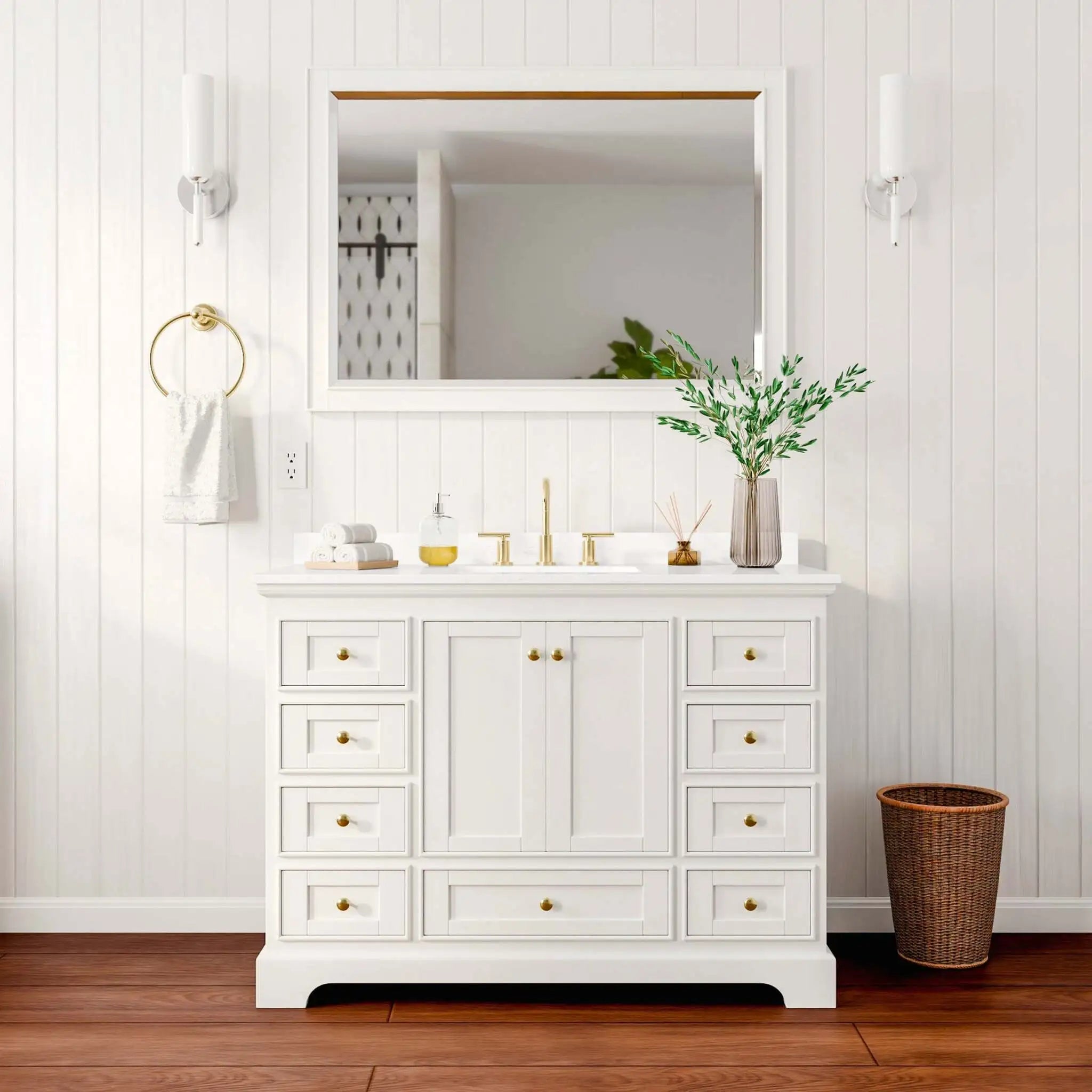 48" Deborah Single Bathroom Vanity in White with Brushed Gold Trim & 46" Mirror by Wyndham