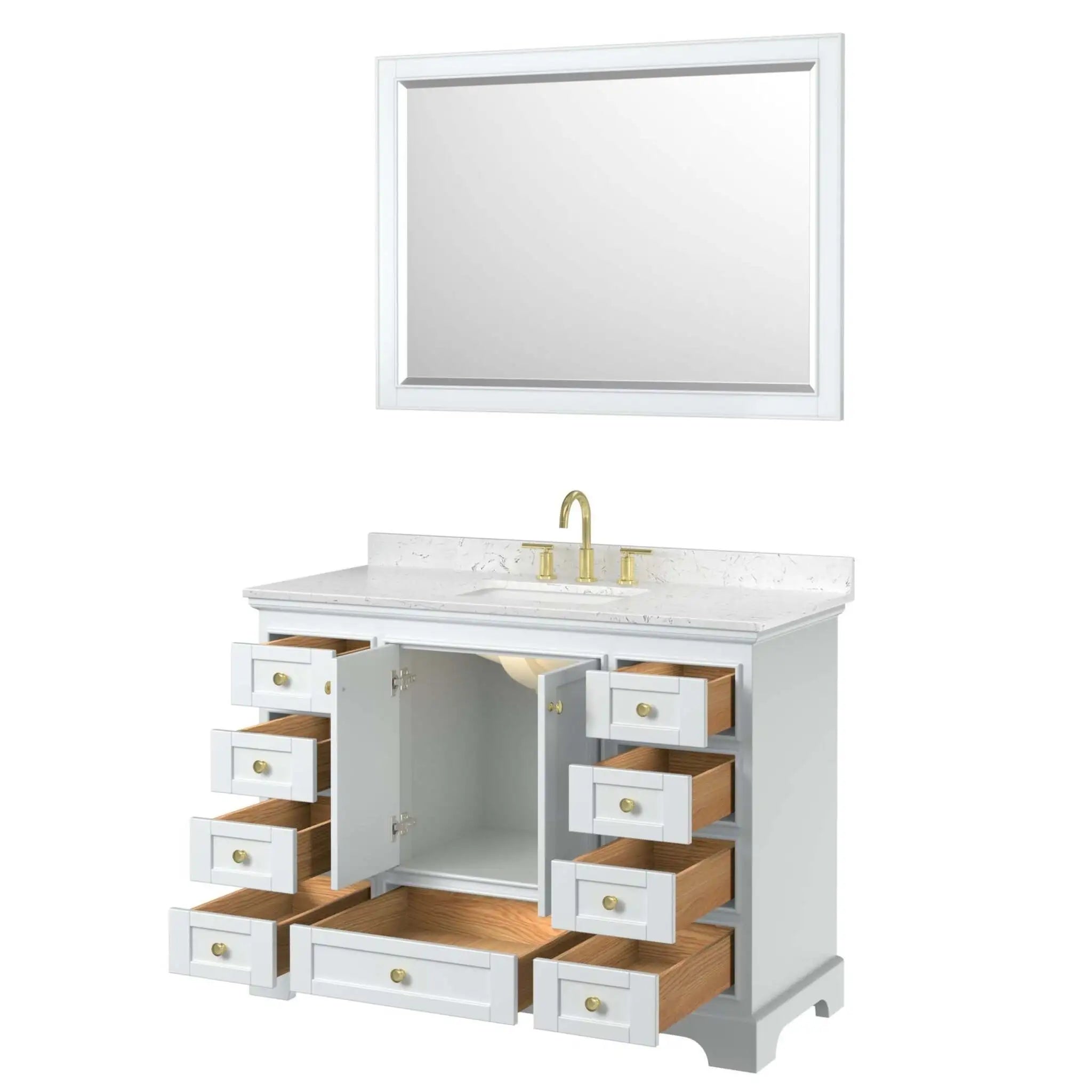 48" Deborah Single Bathroom Vanity in White with Brushed Gold Trim & 46" Mirror by Wyndham