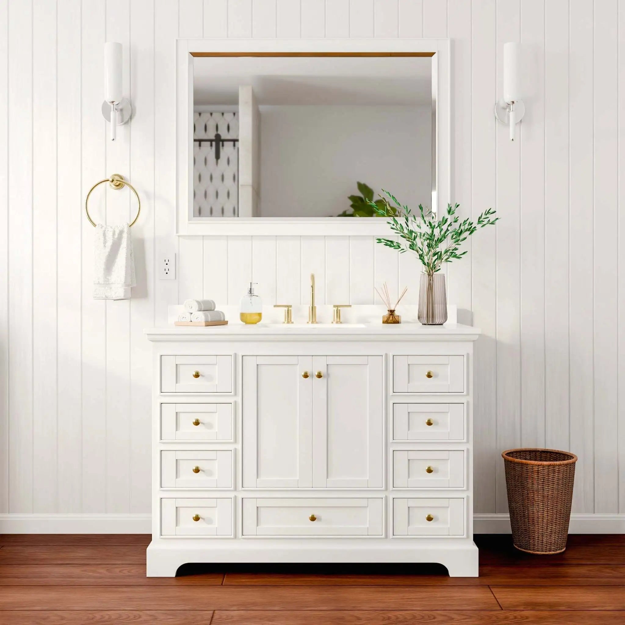 48" Deborah Single Bathroom Vanity in White with Brushed Gold Trim & 46" Mirror by Wyndham