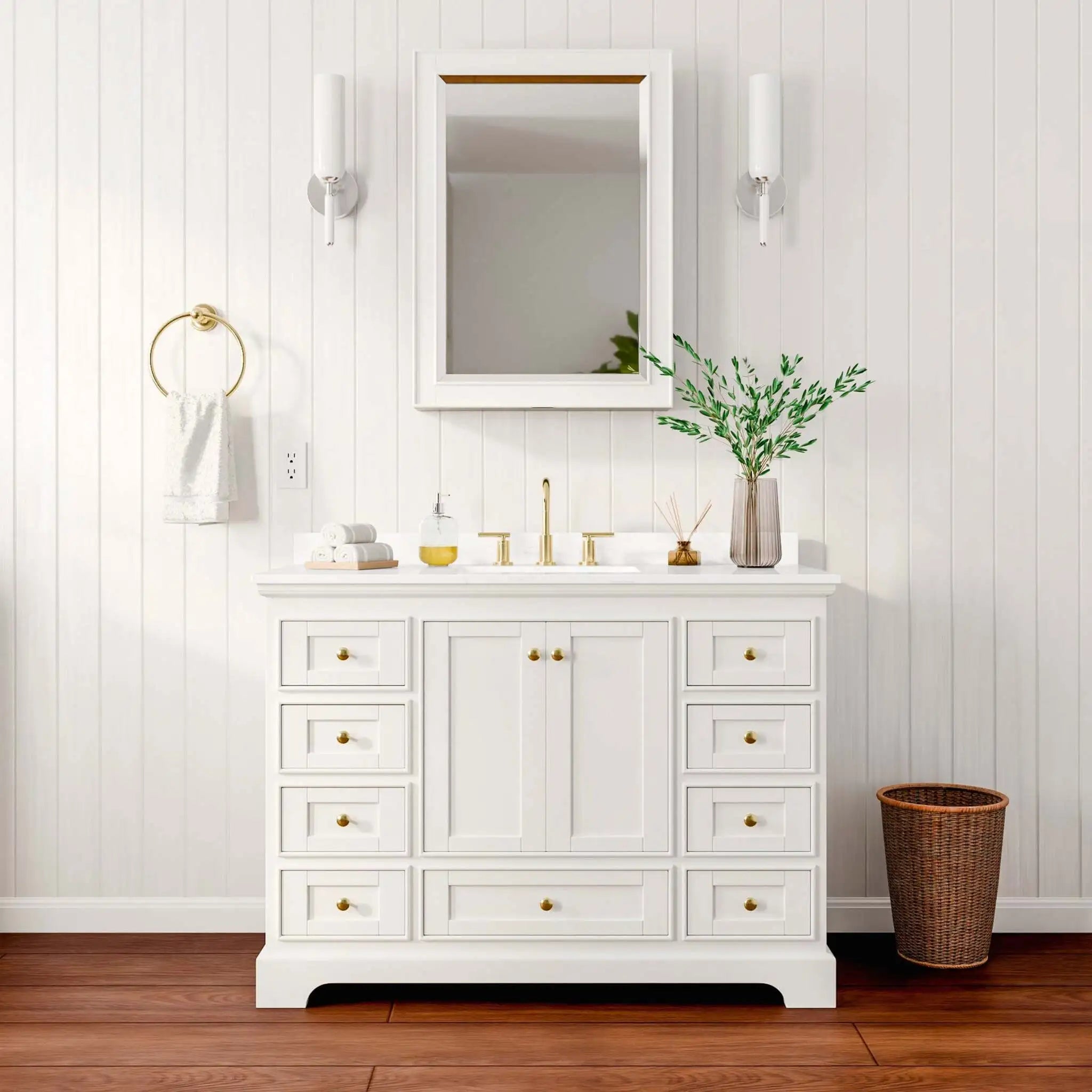 48" Deborah Single Bathroom Vanity in White with Brushed Gold Trim & Medicine Cabinet by Wyndham