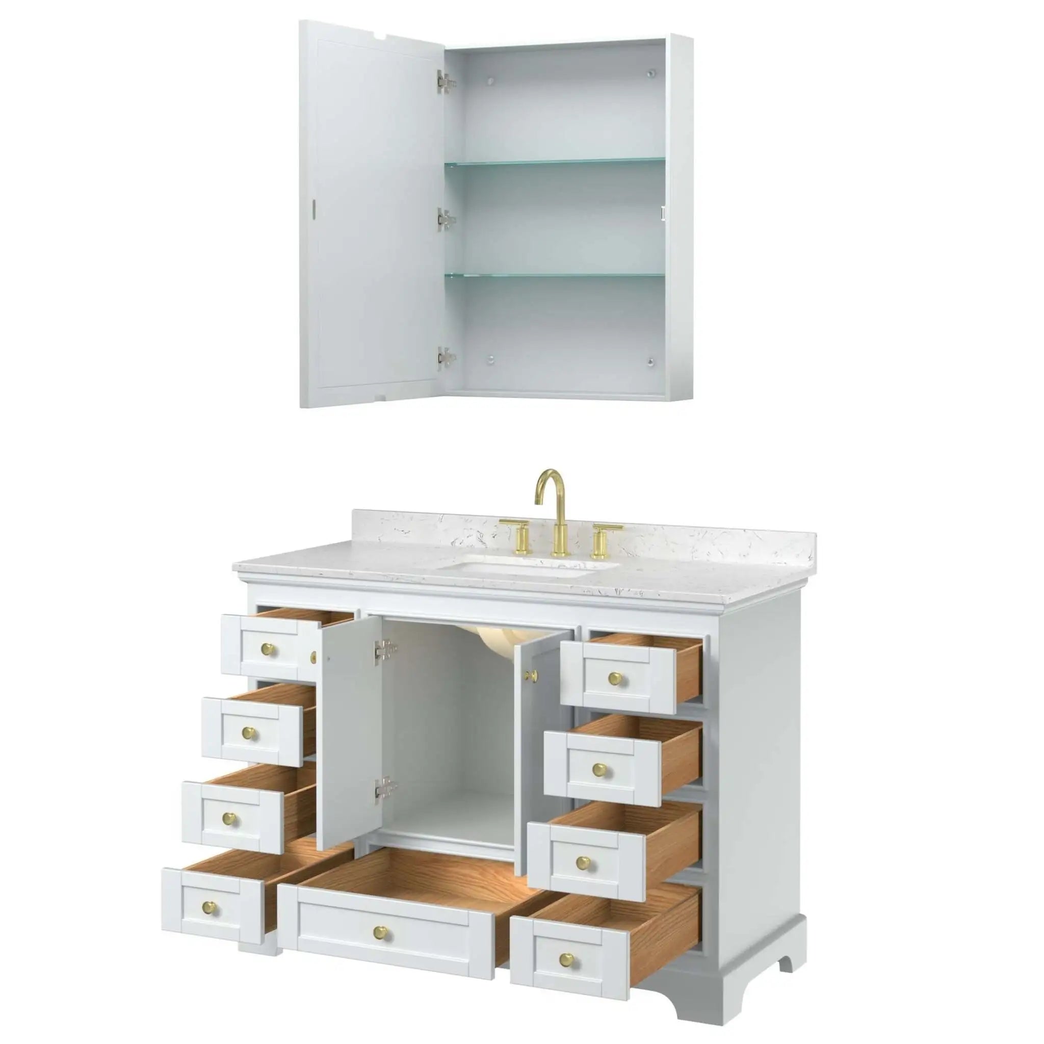 48" Deborah Single Bathroom Vanity in White with Brushed Gold Trim & Medicine Cabinet by Wyndham