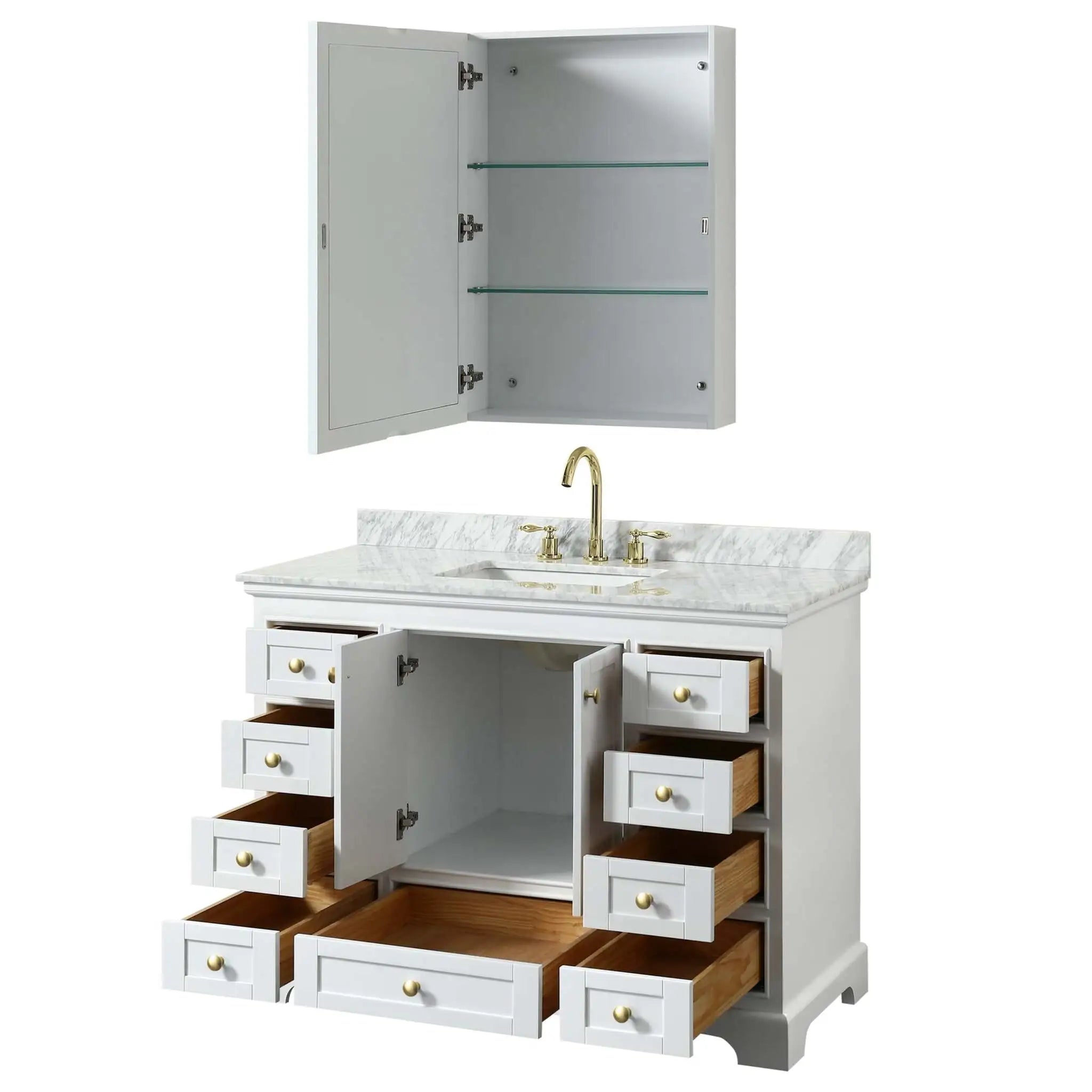 48" Deborah Single Bathroom Vanity in White with Brushed Gold Trim & Medicine Cabinet by Wyndham