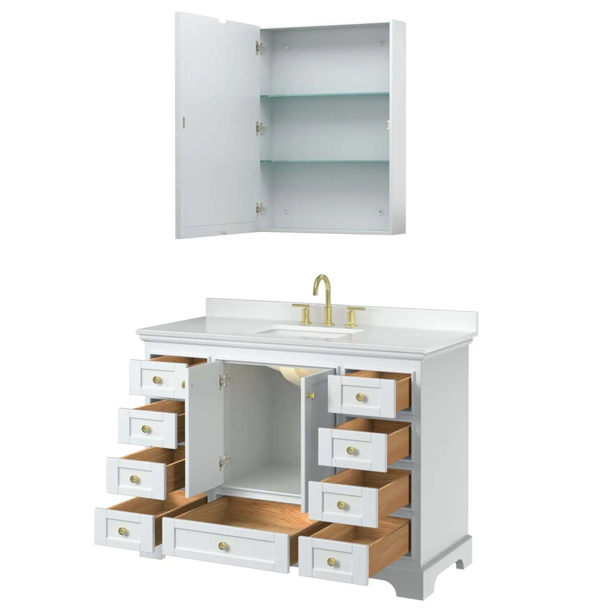 48" Deborah Single Bathroom Vanity in White with Brushed Gold Trim & Medicine Cabinet by Wyndham