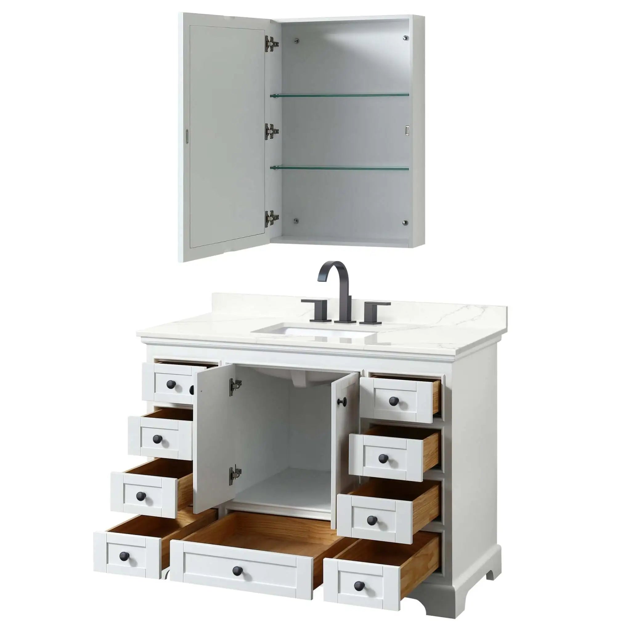48" Deborah Single Bathroom Vanity in White with Matte Black Trim & Medicine Cabinet by Wyndham