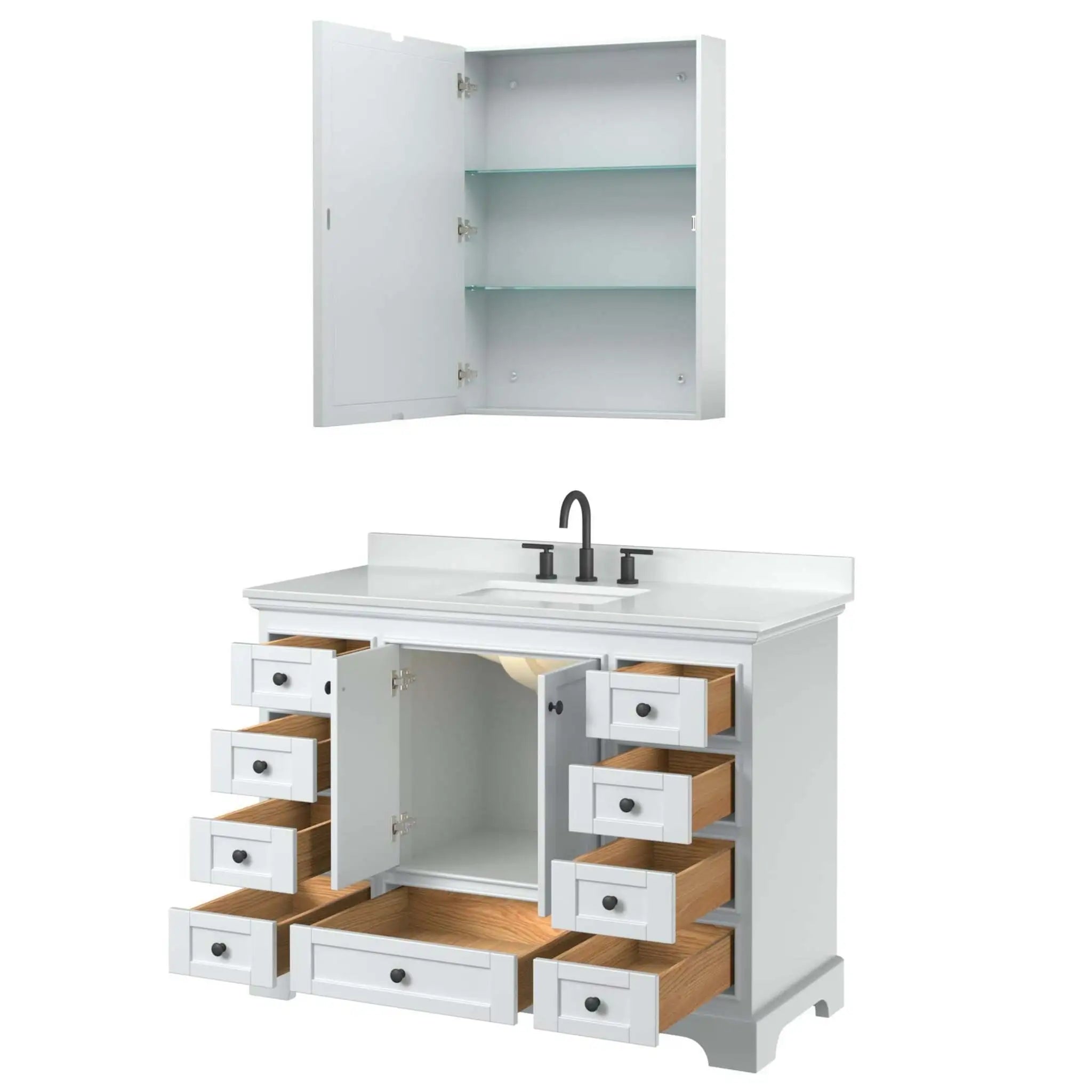 48" Deborah Single Bathroom Vanity in White with Matte Black Trim & Medicine Cabinet by Wyndham