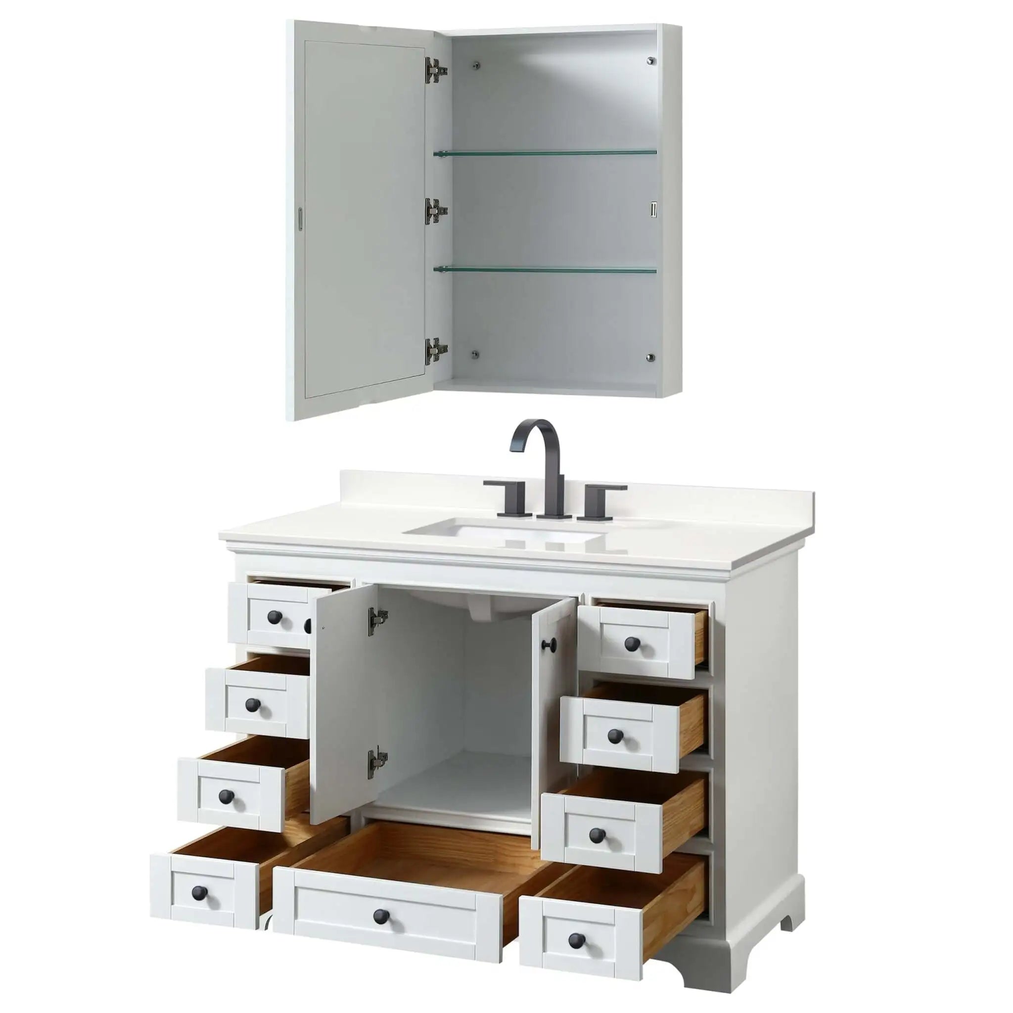 48" Deborah Single Bathroom Vanity in White with Matte Black Trim & Medicine Cabinet by Wyndham