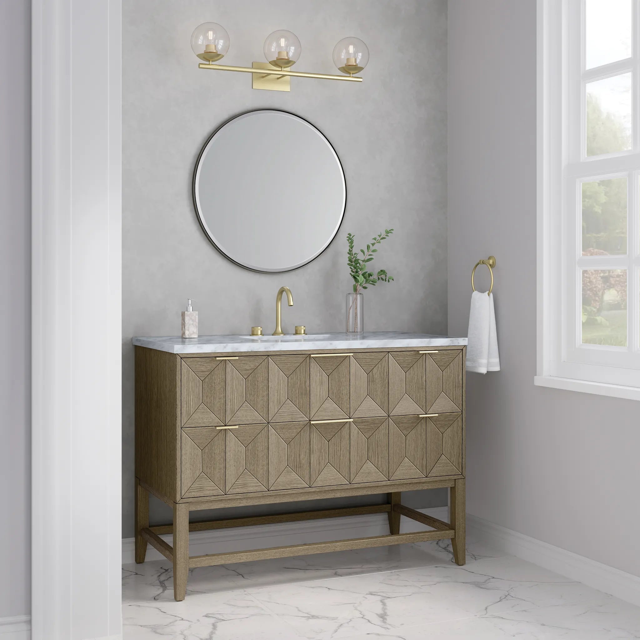 48" Emmeline Single Vanity in Pebble Oak-Carrara White Marble-8" Widespread image 3