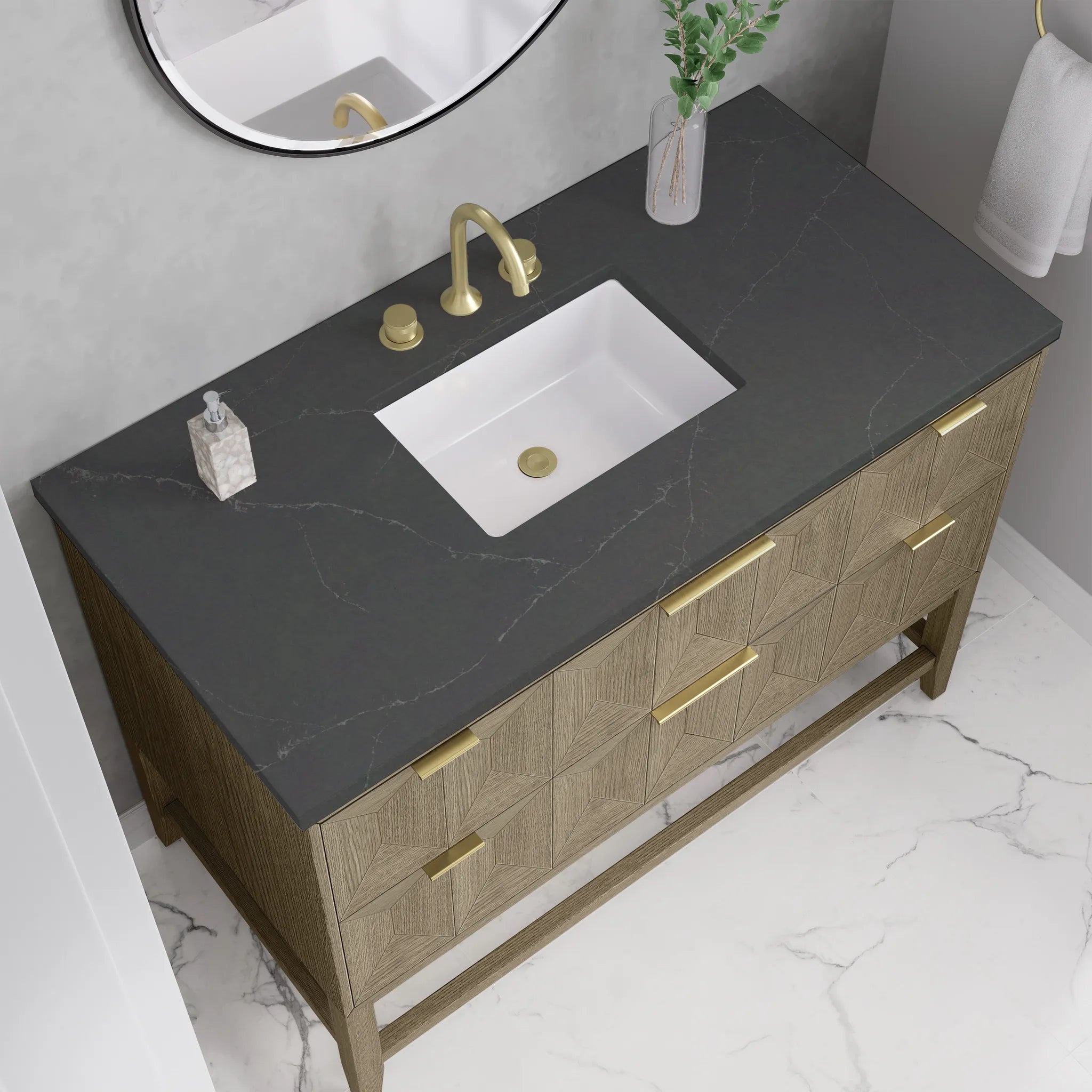 48" Emmeline Single Vanity in Pebble Oak-Charcoal Soapstone Silestone-8" Widespread image 5