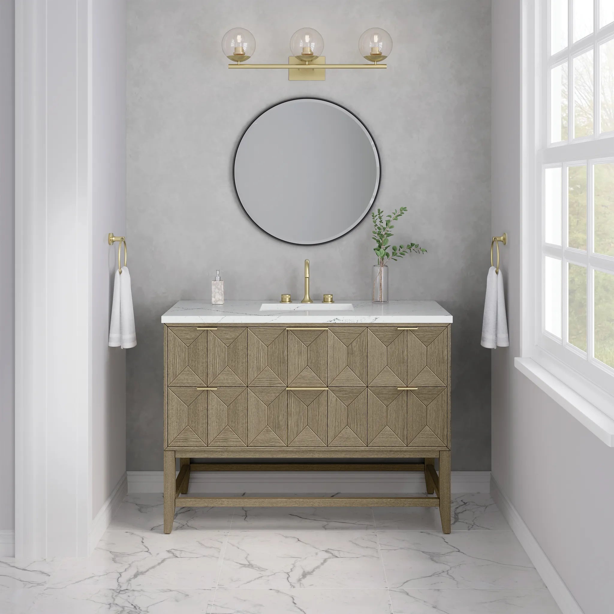 48" Emmeline Single Vanity in Pebble Oak w/FreePower Wireless Charger-Ethereal Noctis Silestone-8" Widespread image 4