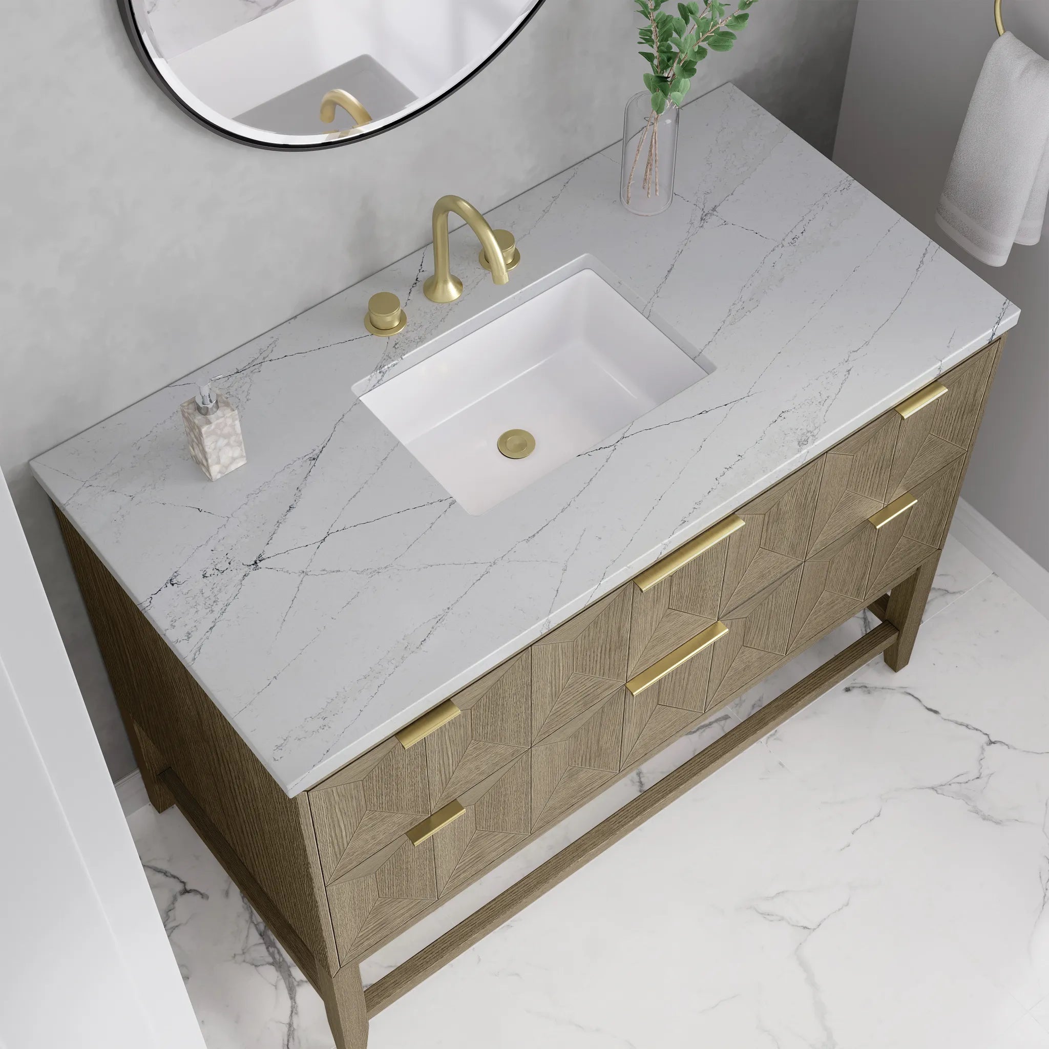 48" Emmeline Single Vanity in Pebble Oak w/FreePower Wireless Charger-Ethereal Noctis Silestone-8" Widespread image 7
