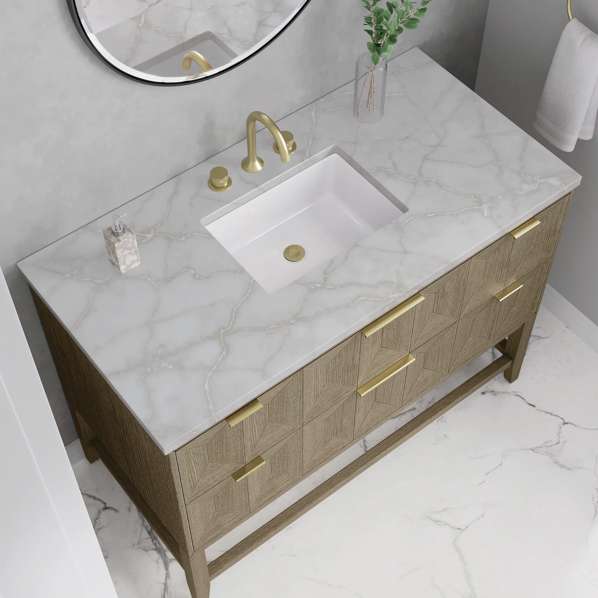48" Emmeline Single Vanity in Pebble Oak w/FreePower Wireless Charger-Victorian Silver Silestone-8" Widespread image 7