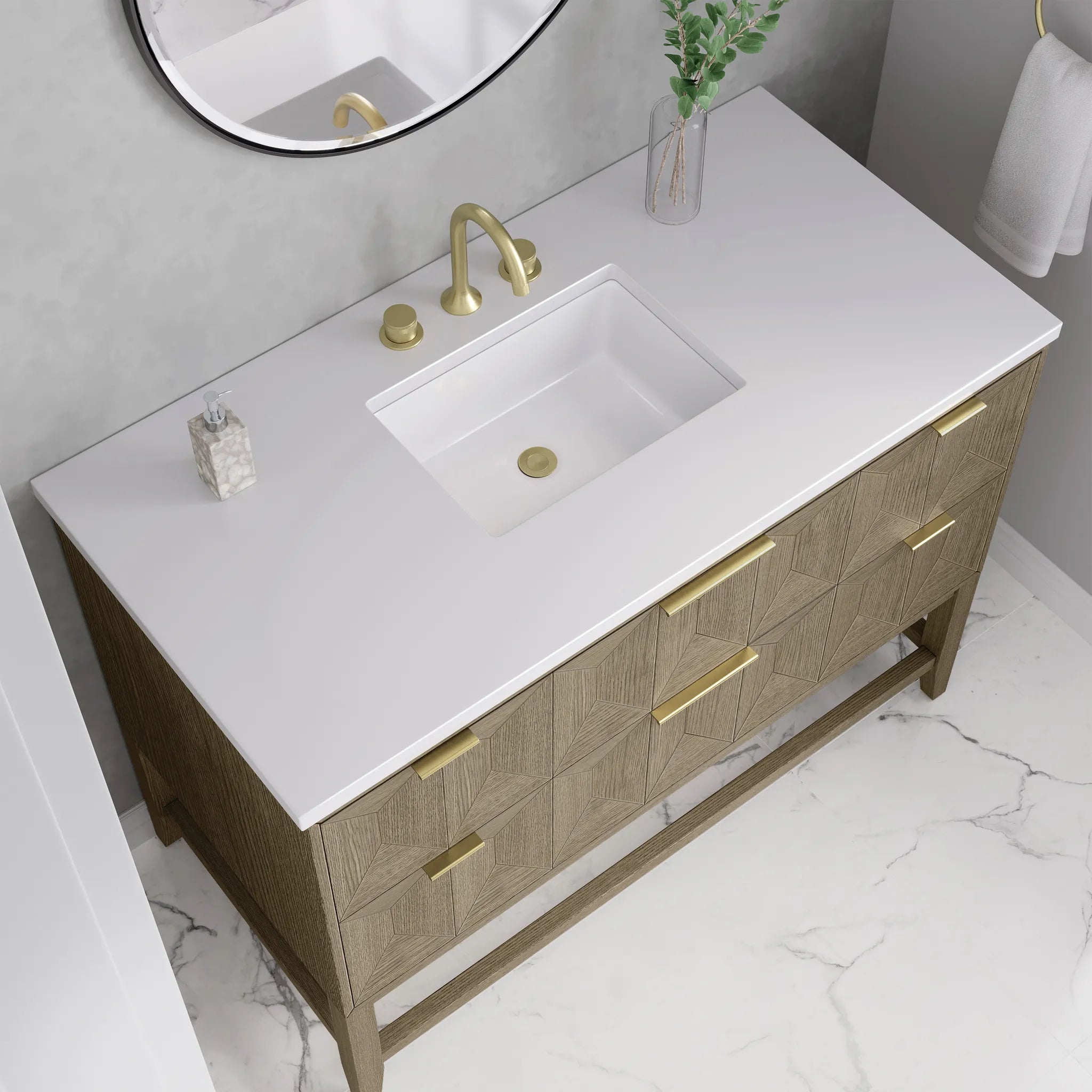 48" Emmeline Single Vanity in Pebble Oak-White Zeus Silestone-8" Widespread image 6