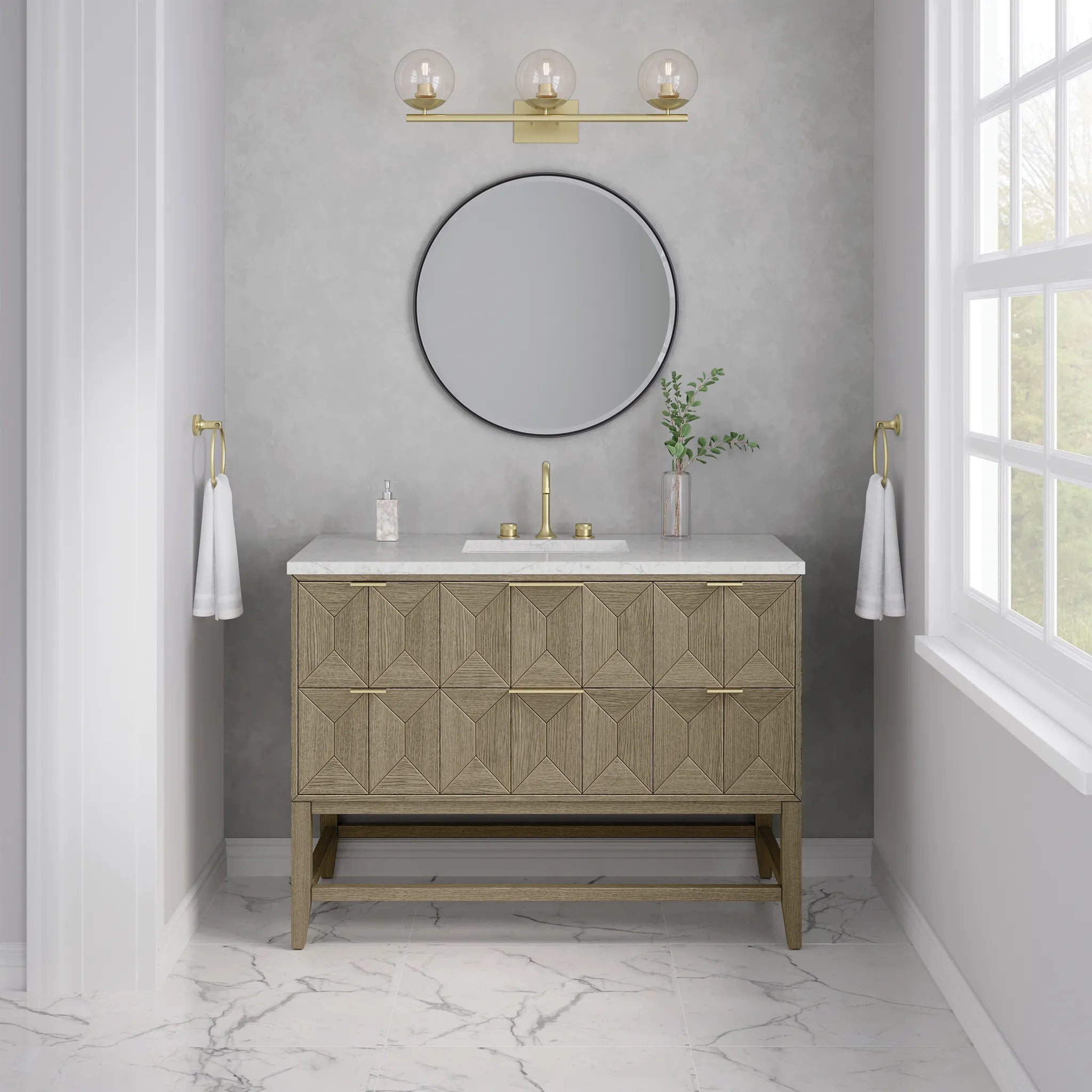 48" Emmeline Single Vanity in Pebble Oak Wireless Charger-Eternal Jasmine Pearl Silestone-8" Widespread image 4