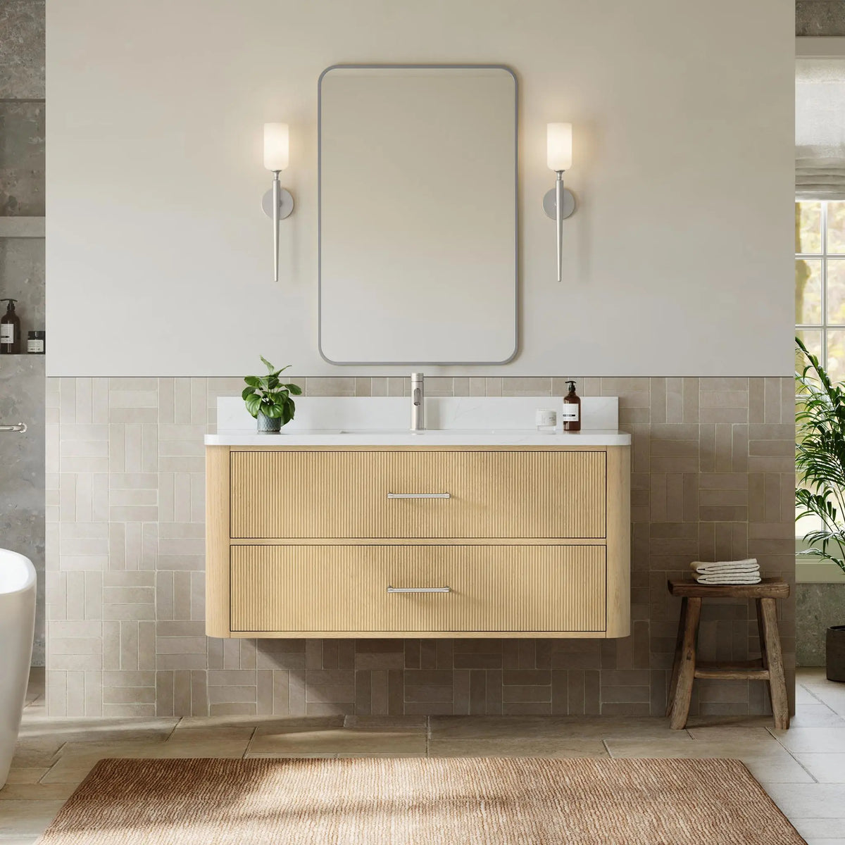 48" Francesca Single Wall Mounted Bathroom Vanity Scandinavian Oak Brushed Nickel Trim by wyndham View 2