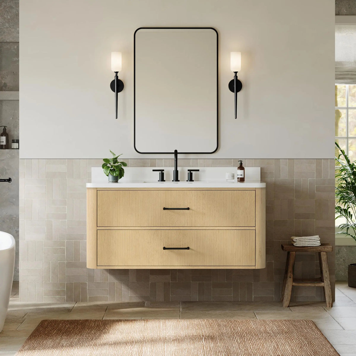 48" Francesca Single Wall Mounted Bathroom Vanity Scandinavian Oak Matte Black Trim by wyndham View 17