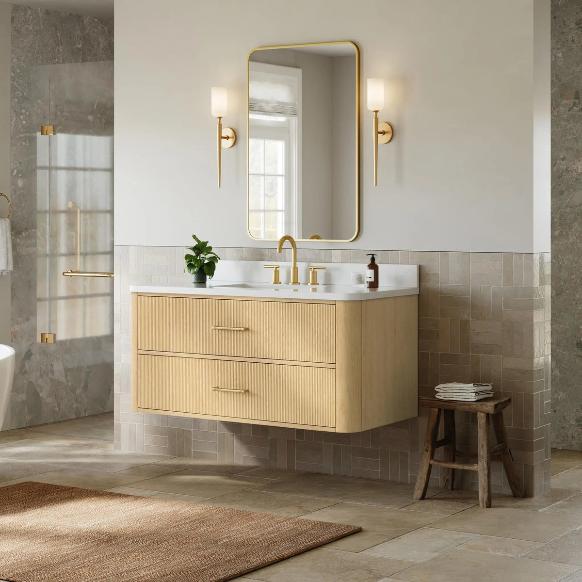 48" Francesca Single Wall Mounted Bathroom Vanity Scandinavian Oak Satin Bronze Trim by wyndham View 7
