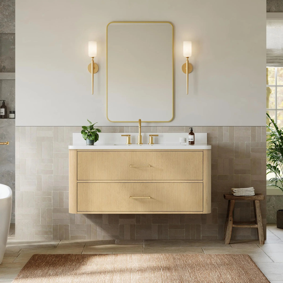 48" Francesca Single Wall Mounted Bathroom Vanity Scandinavian Oak Satin Bronze Trim by wyndham View 19