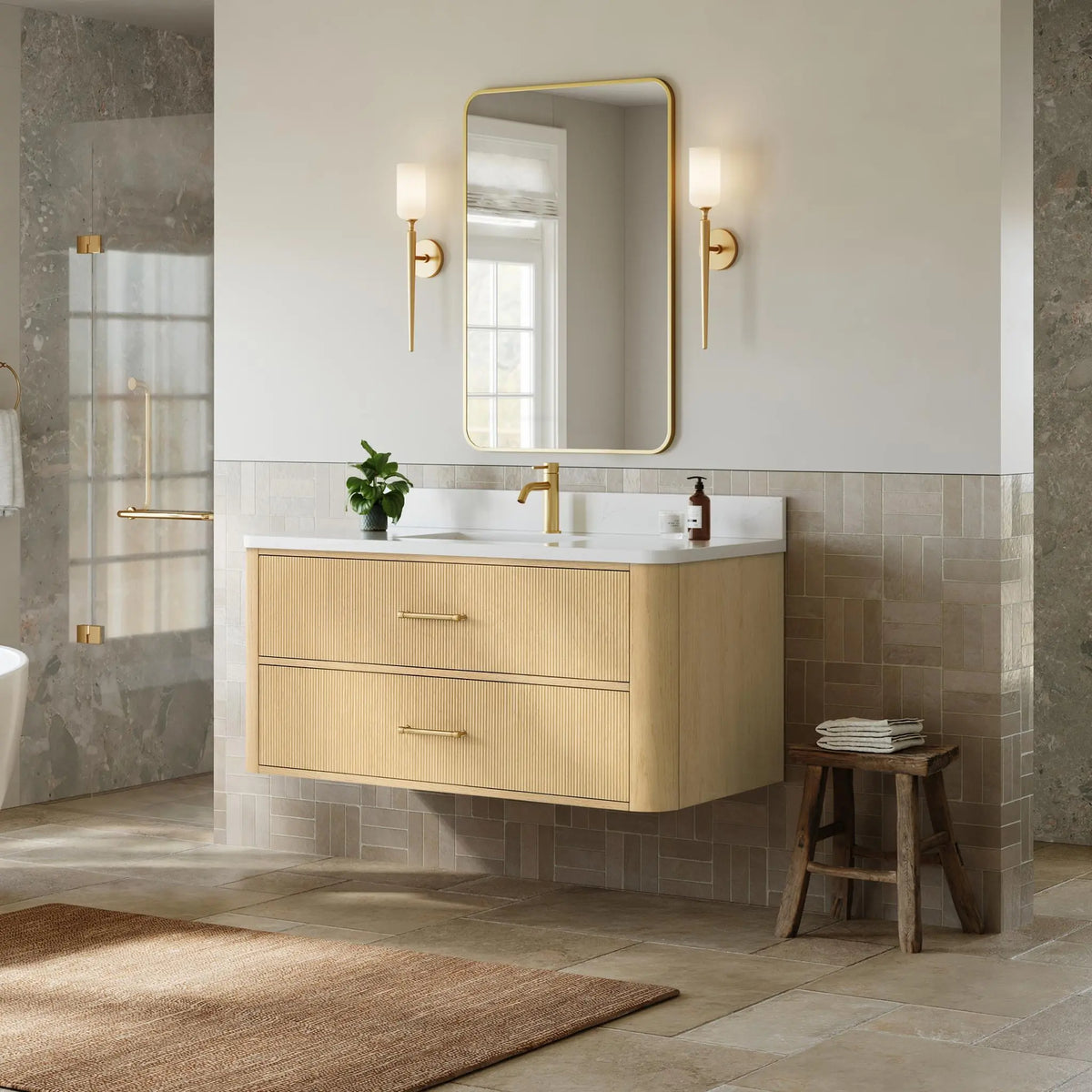 48" Francesca Single Wall Mounted Bathroom Vanity Scandinavian Oak Satin Bronze Trim by wyndham View 2
