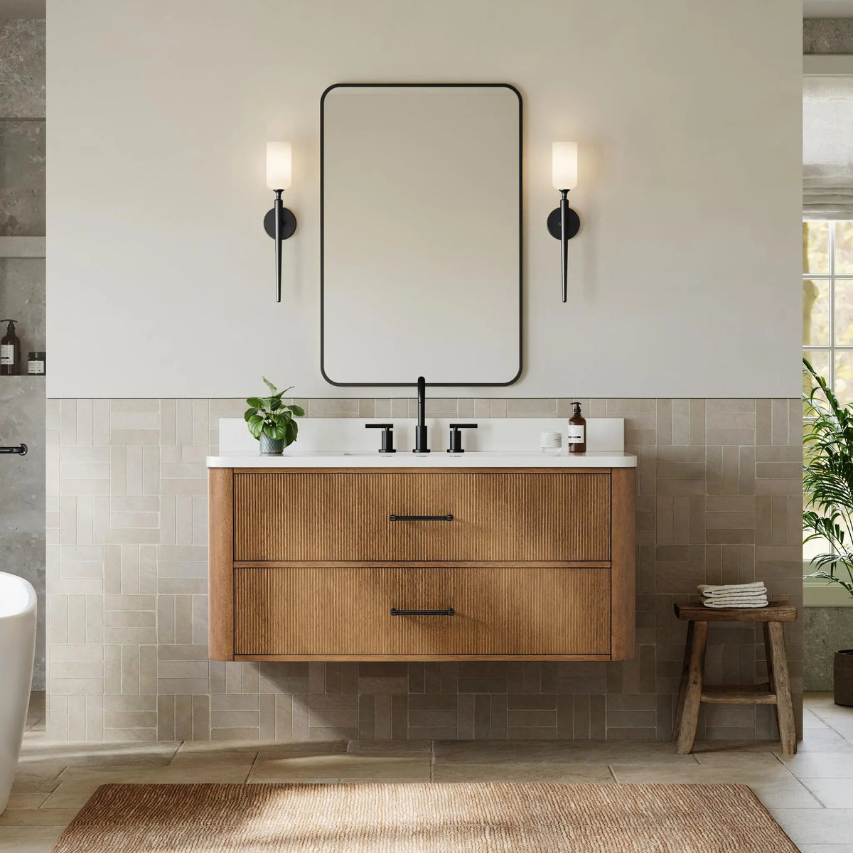 48" Francesca Single Wall Mounted Bathroom Vanity Toasted Walnut Matte Black Trim by wyndham View 17