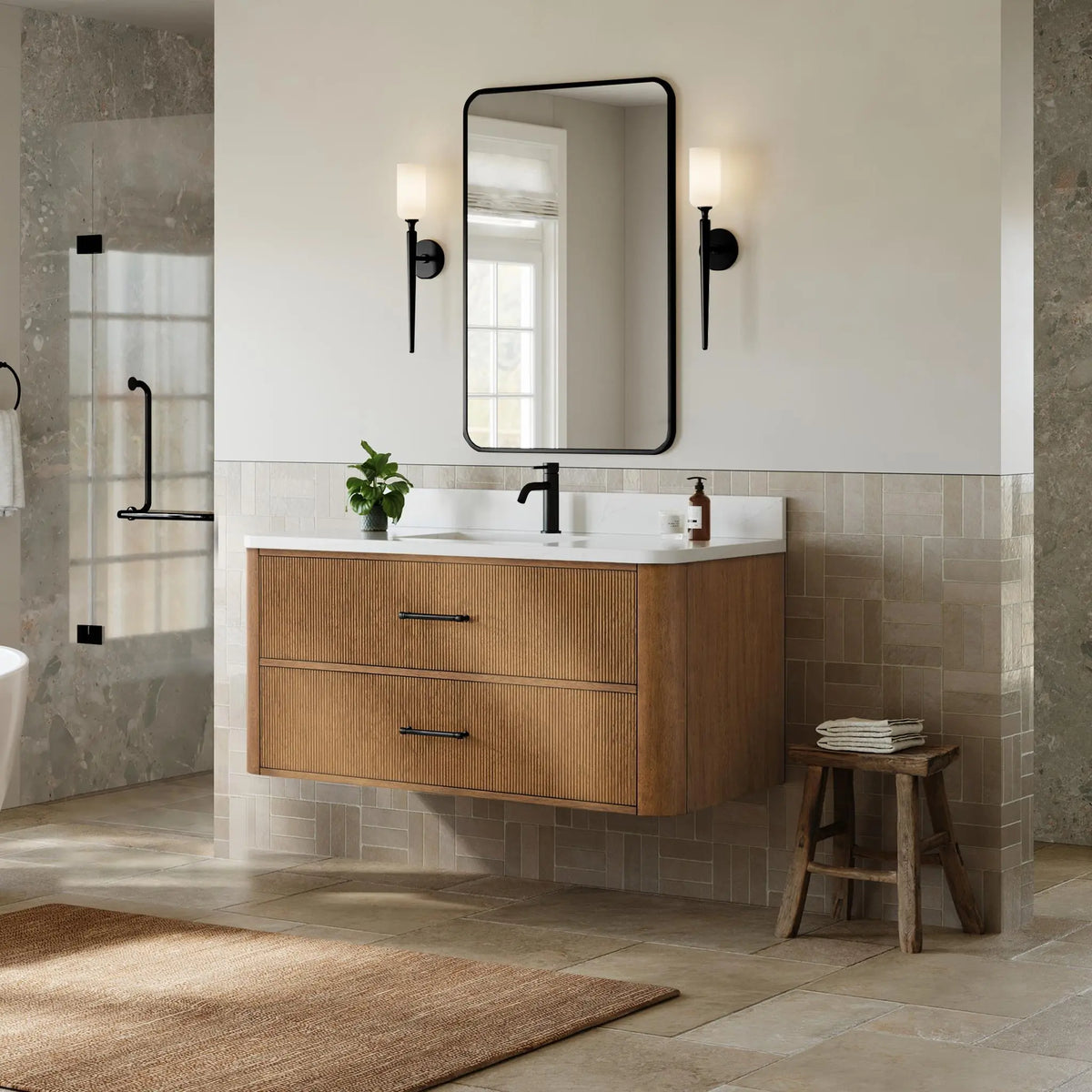 48" Francesca Single Wall Mounted Bathroom Vanity Toasted Walnut Matte Black Trim by wyndham View 4