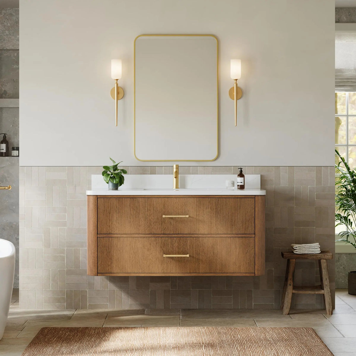 48" Francesca Single Wall Mounted Bathroom Vanity Toasted Walnut Satin Bronze Trim by wyndham View 2