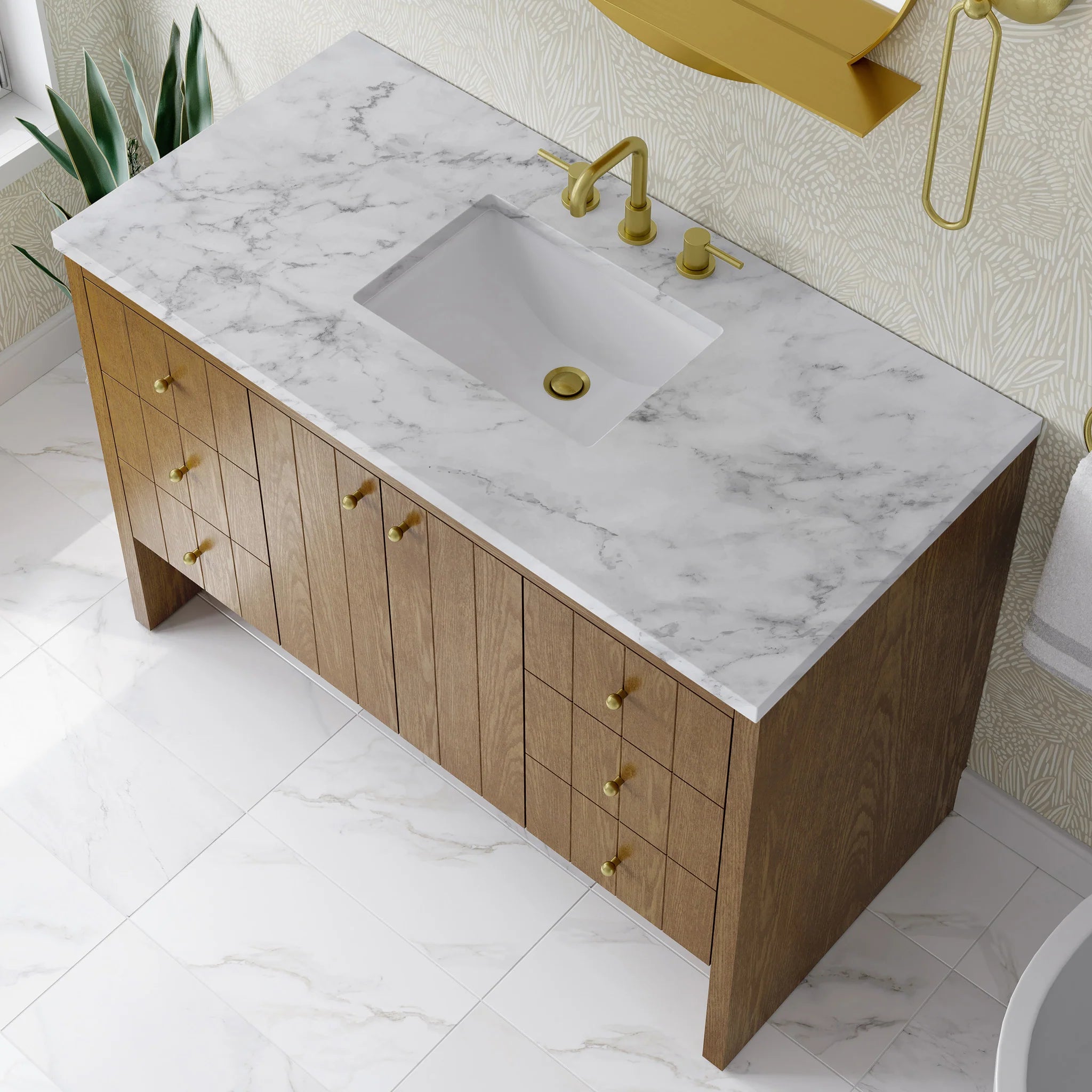 48" Hudson Single Vanity in Honey Oak by James Martin Vanities-Carrara White Marble 6