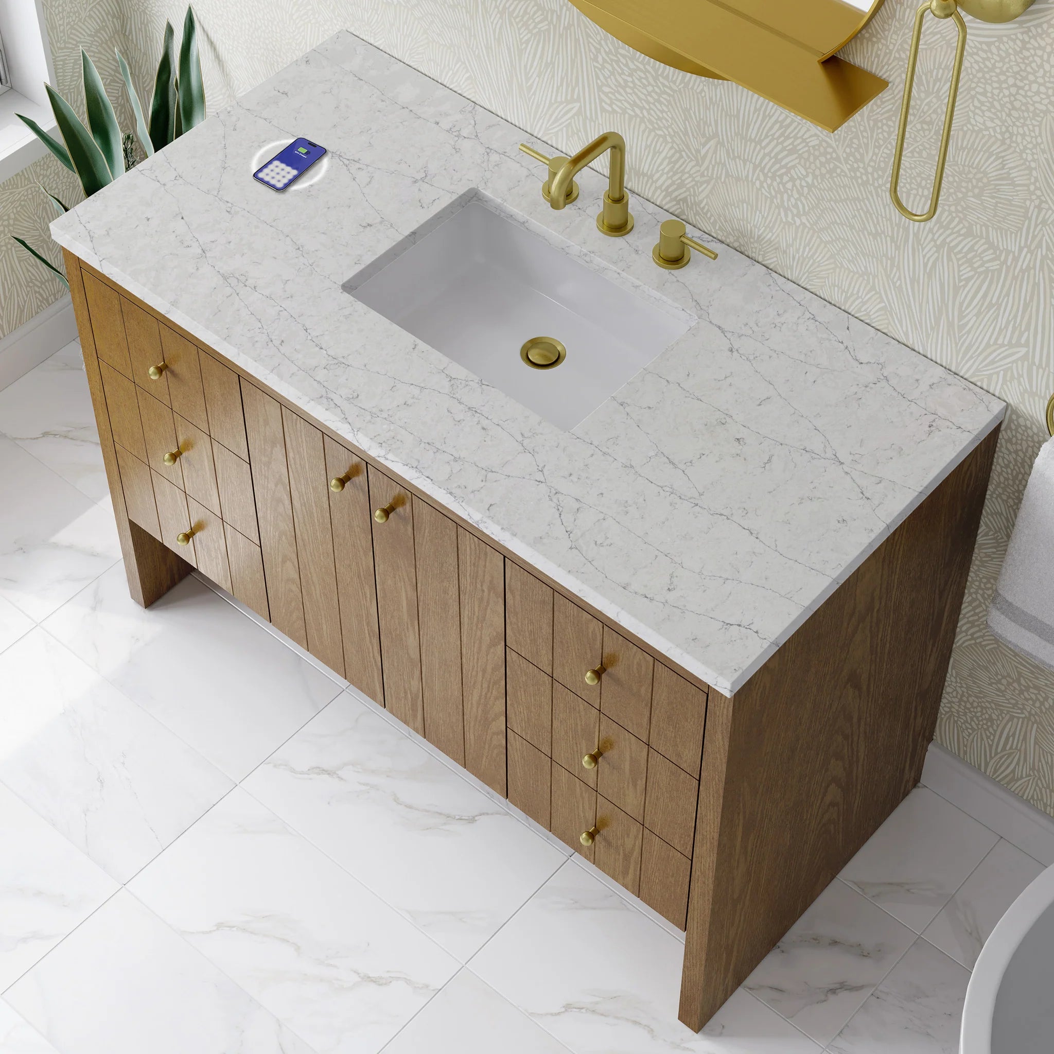 48" Hudson Single Vanity in Honey Oak w/FreePower Wireless Charger by James Martin Vanities-Eternal Jasmine Pearl Silestone 6