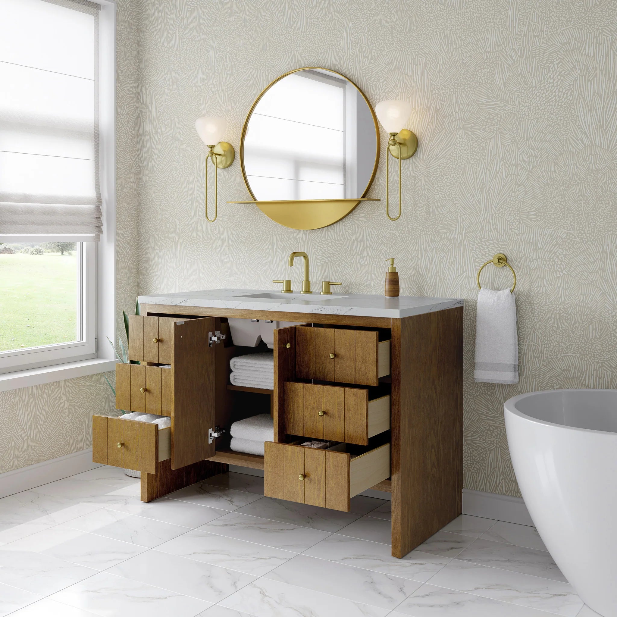 48" Hudson Single Vanity in Honey Oak w/FreePower Wireless Charger by James Martin Vanities-Ethereal Noctis Silestone 3