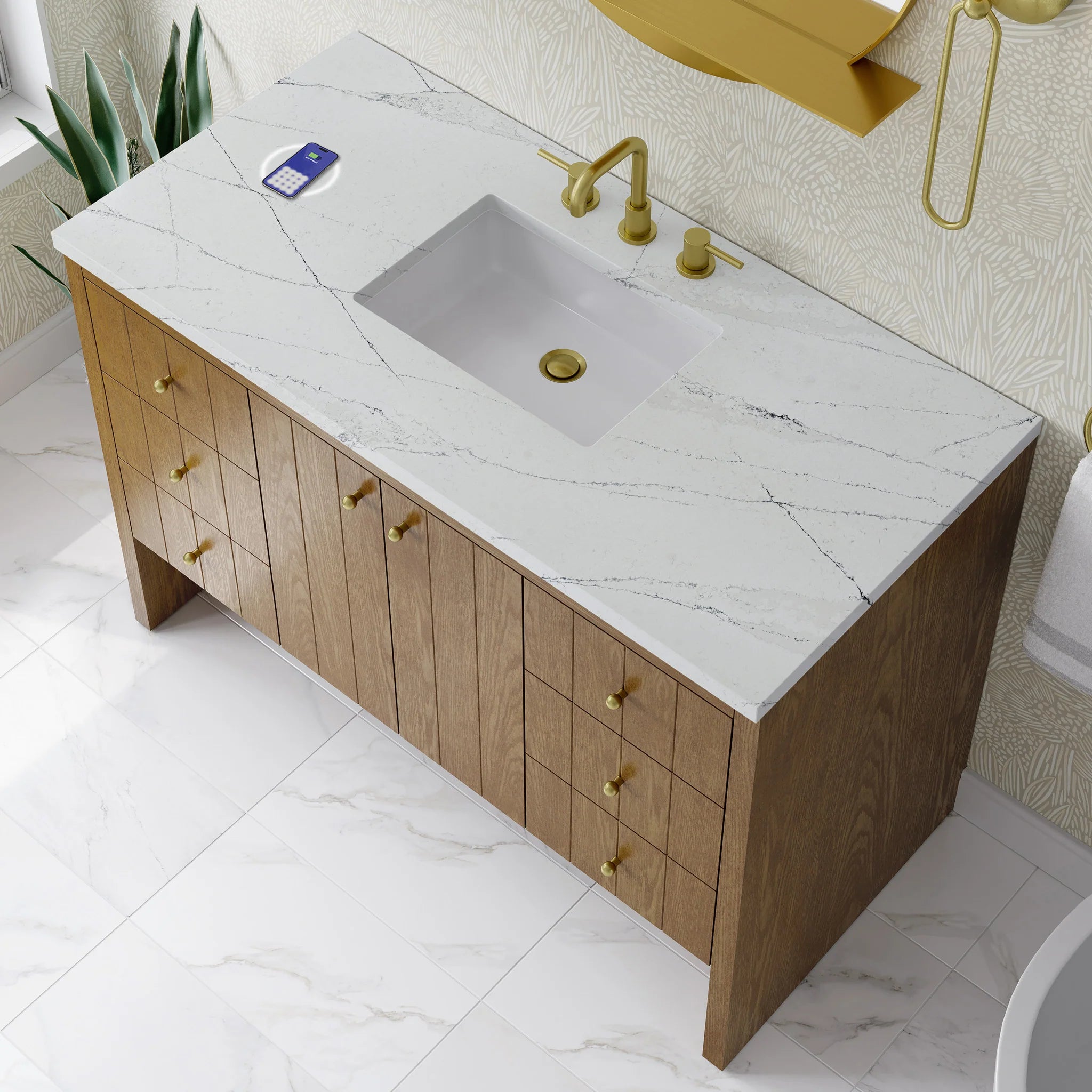 48" Hudson Single Vanity in Honey Oak w/FreePower Wireless Charger by James Martin Vanities-Ethereal Noctis Silestone 6