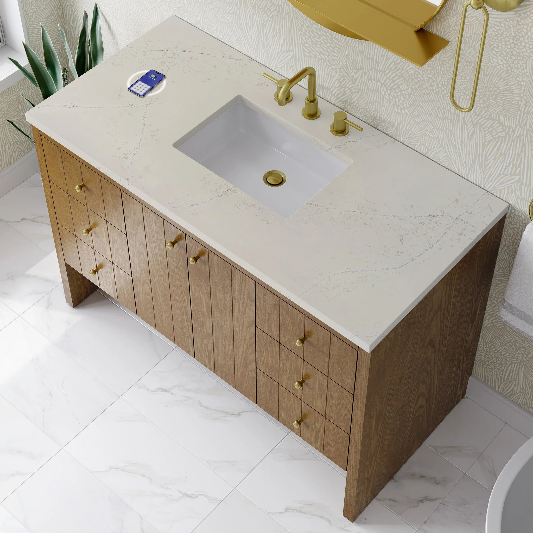 48" Hudson Single Vanity in Honey Oak w/FreePower Wireless Charger by James Martin Vanities-Siberian Silestone 6