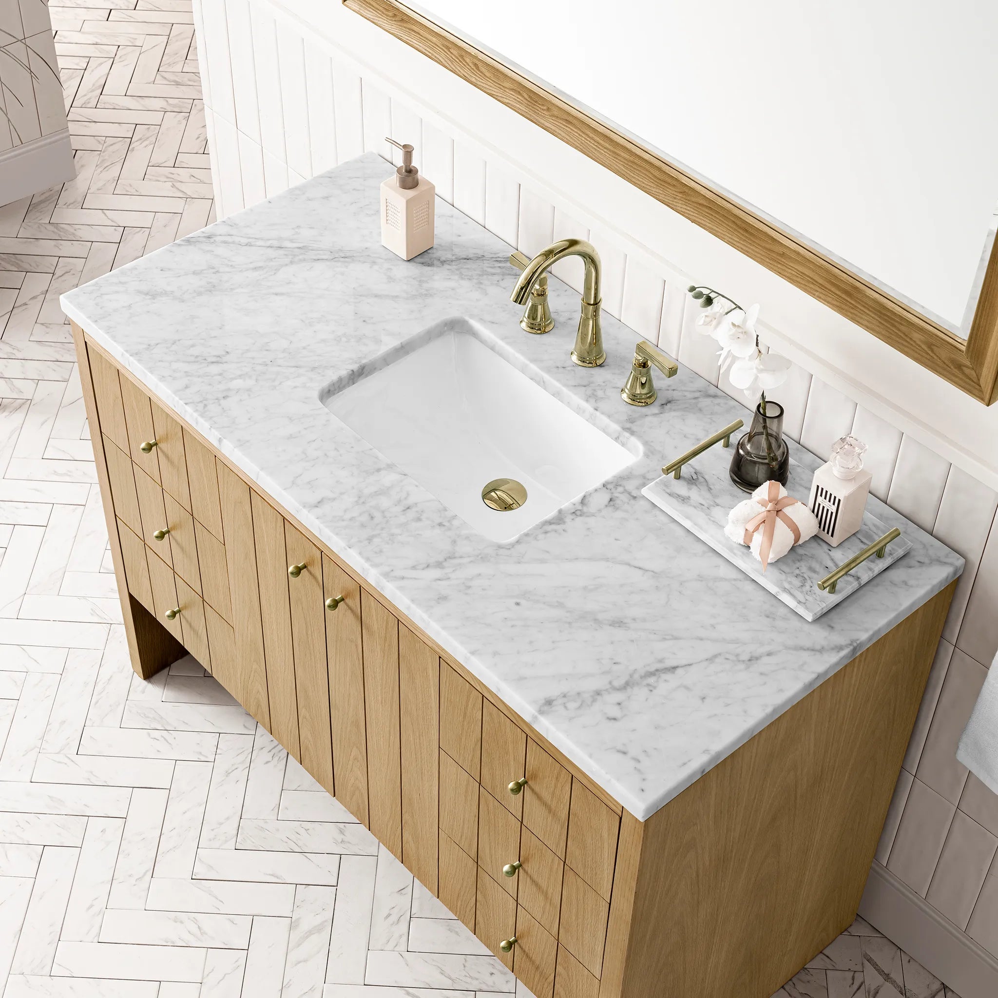 48" Hudson Single Vanity in Light Natural Oak-Carrara White Marble-8" Widespread image 4