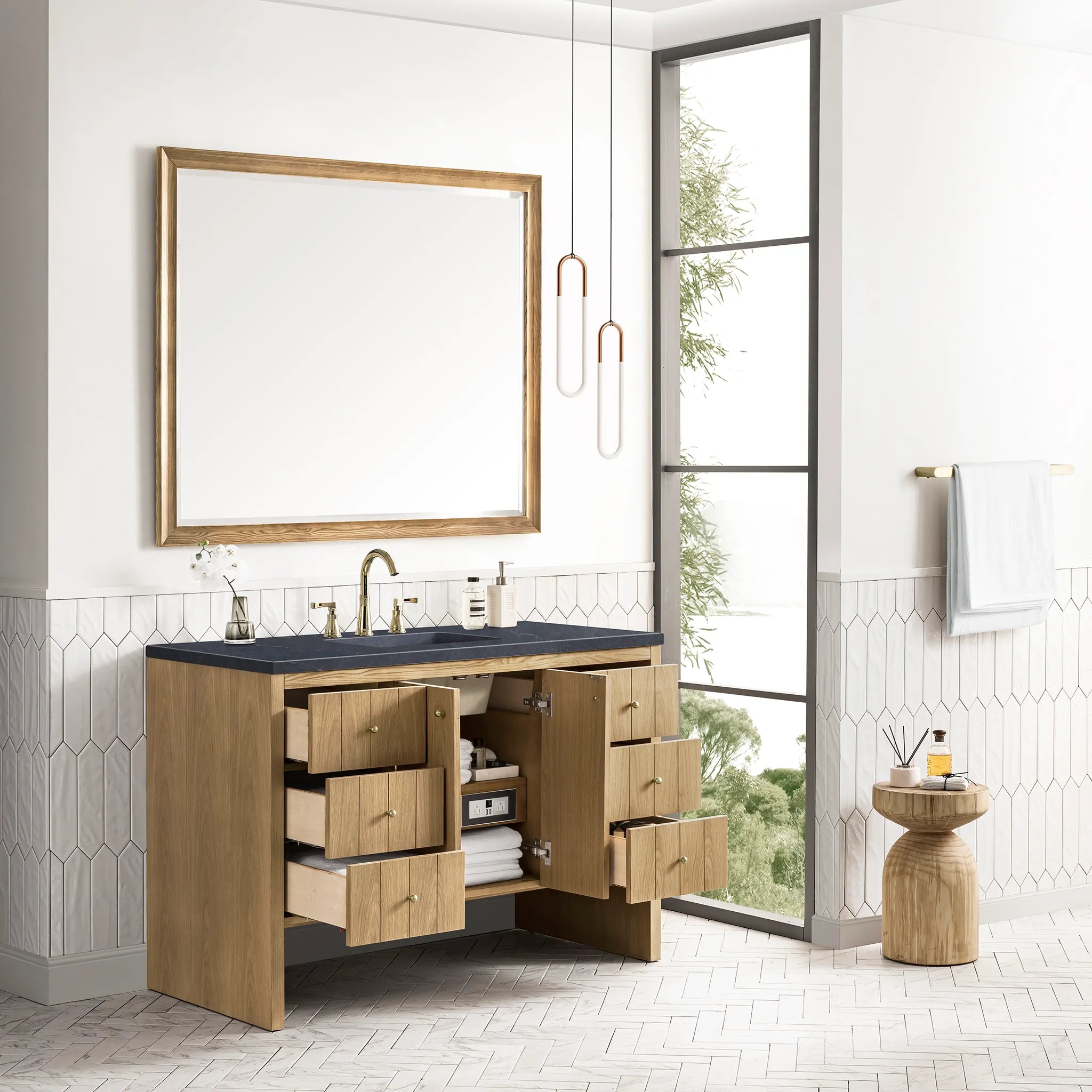 48" Hudson Single Vanity in Light Natural Oak-Charcoal Soapstone Silestone-8" Widespread image 3